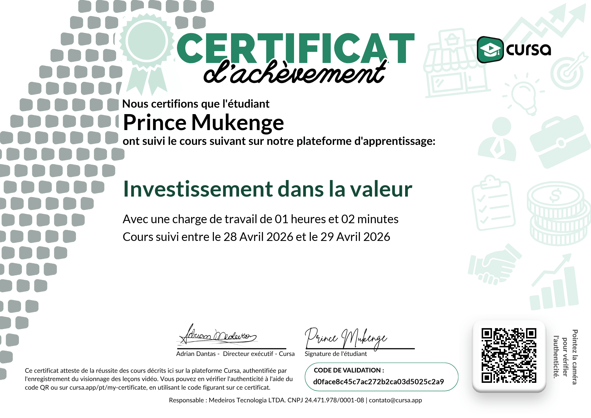 Image de mon certificat de fin de cours gratuit.