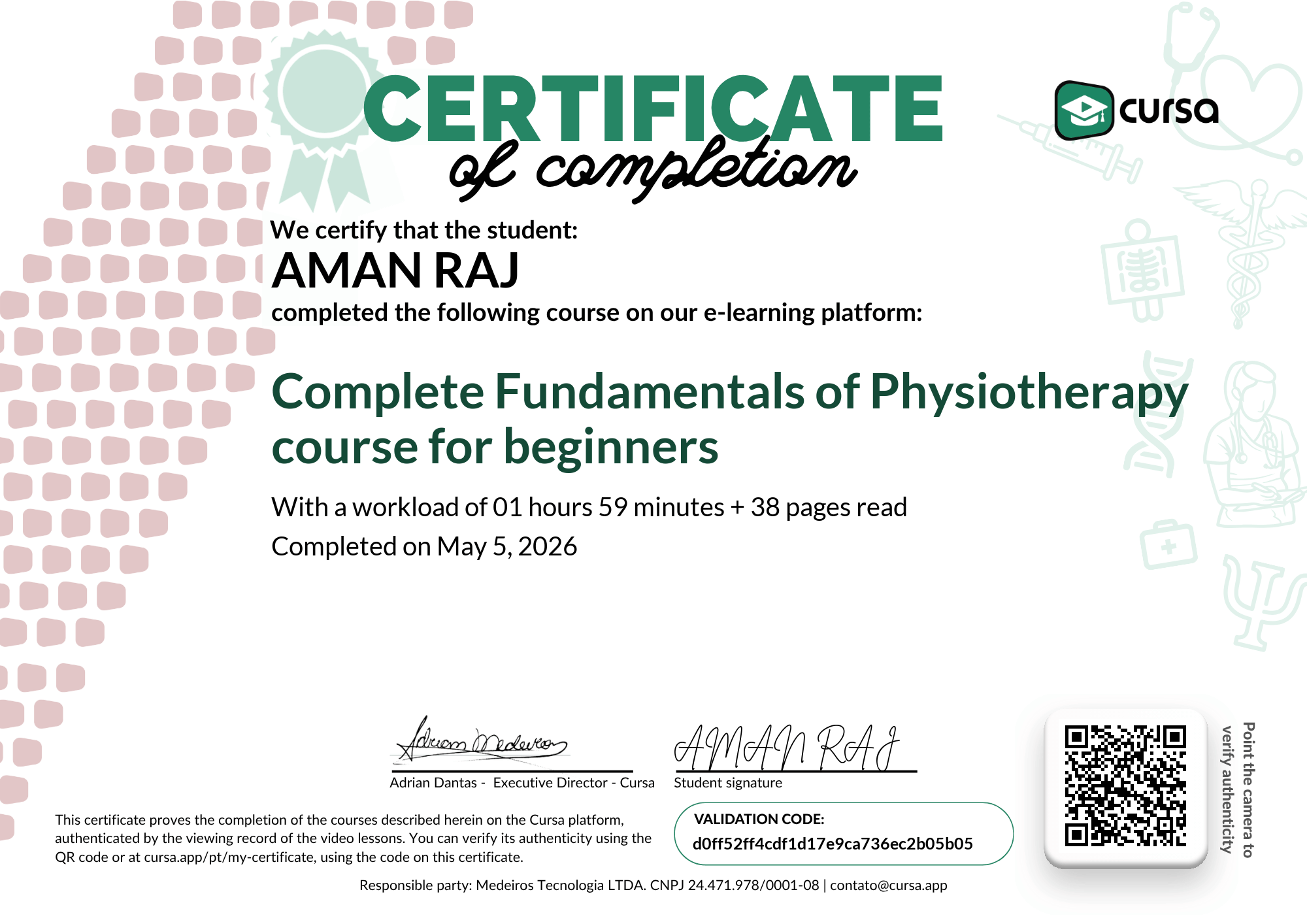 Image of my free Course Completion Certificate.