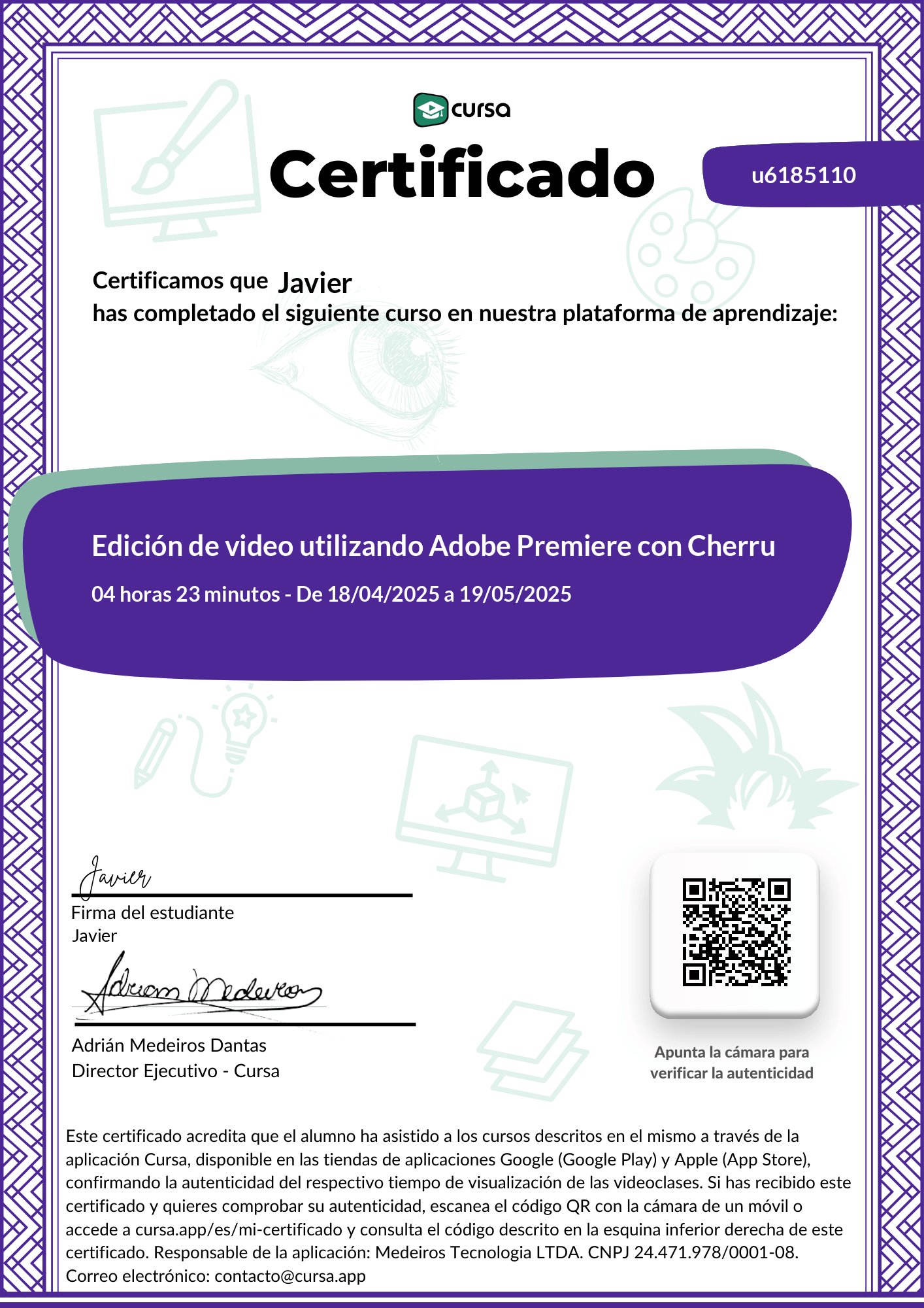 Imagen de mi Certificado de finalización del curso gratuito.