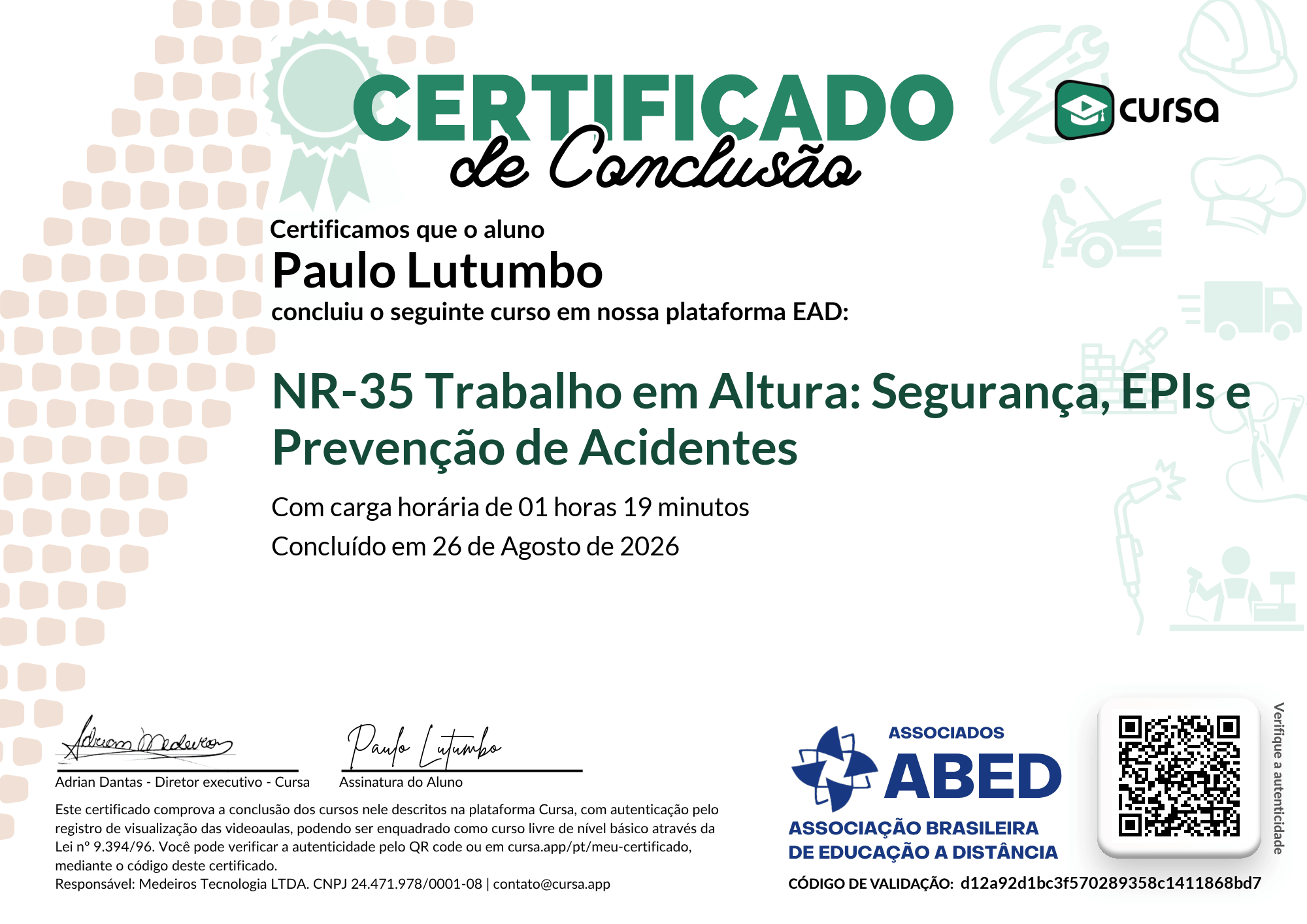 Imagem do meu Certificado gratuito de conclusão de curso.