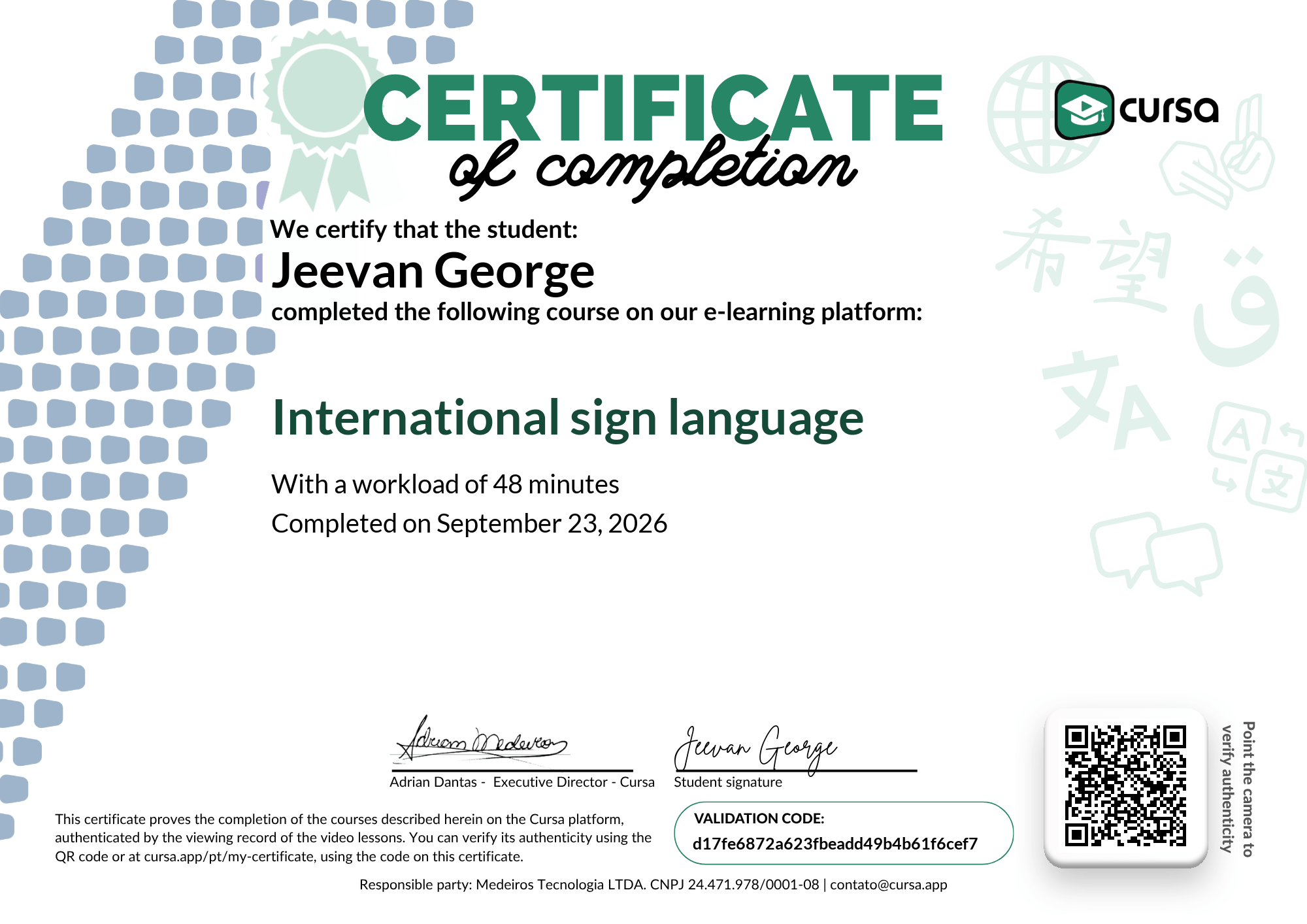 Image of my free Course Completion Certificate.