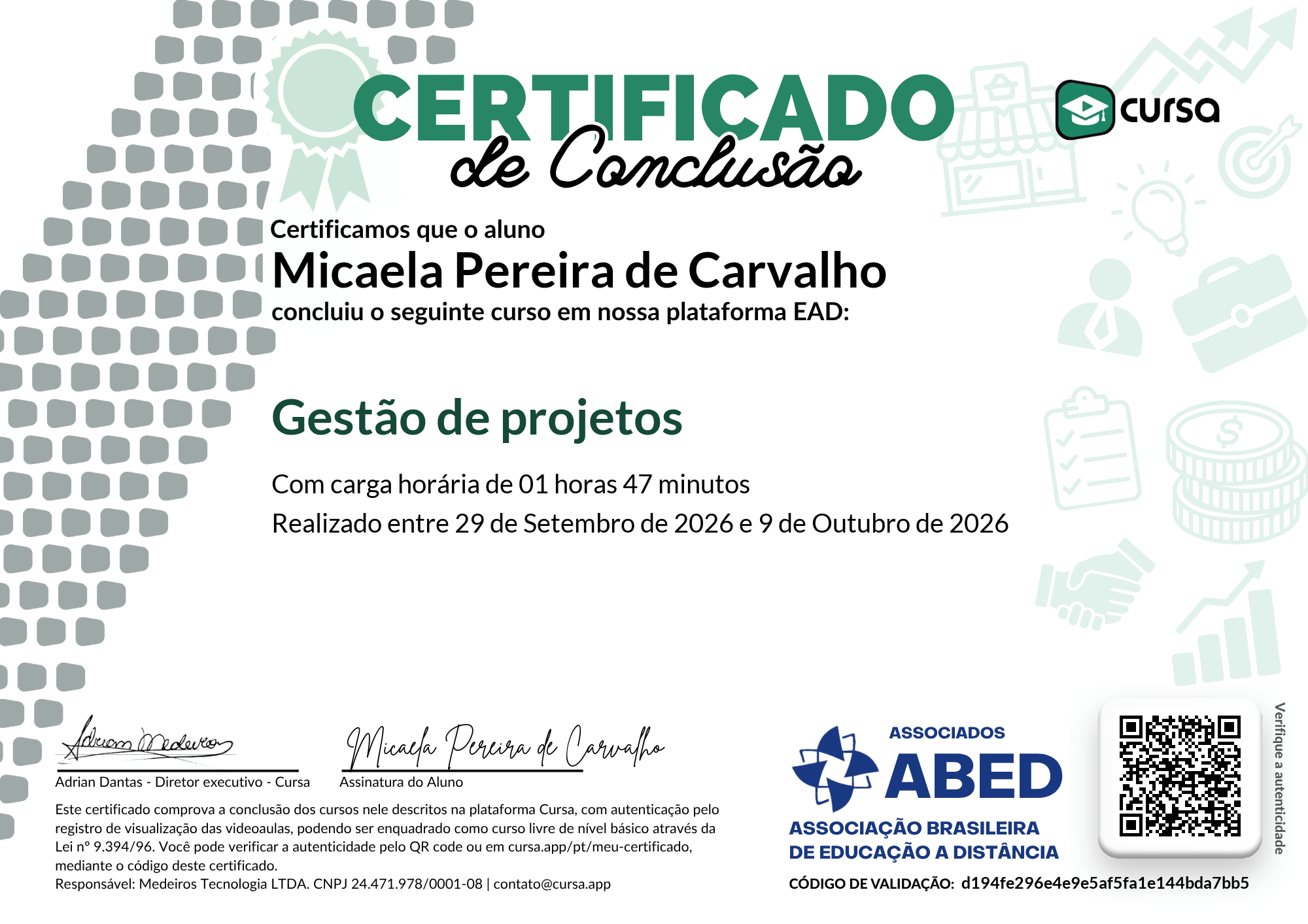 Imagem do meu Certificado gratuito de conclusão de curso.