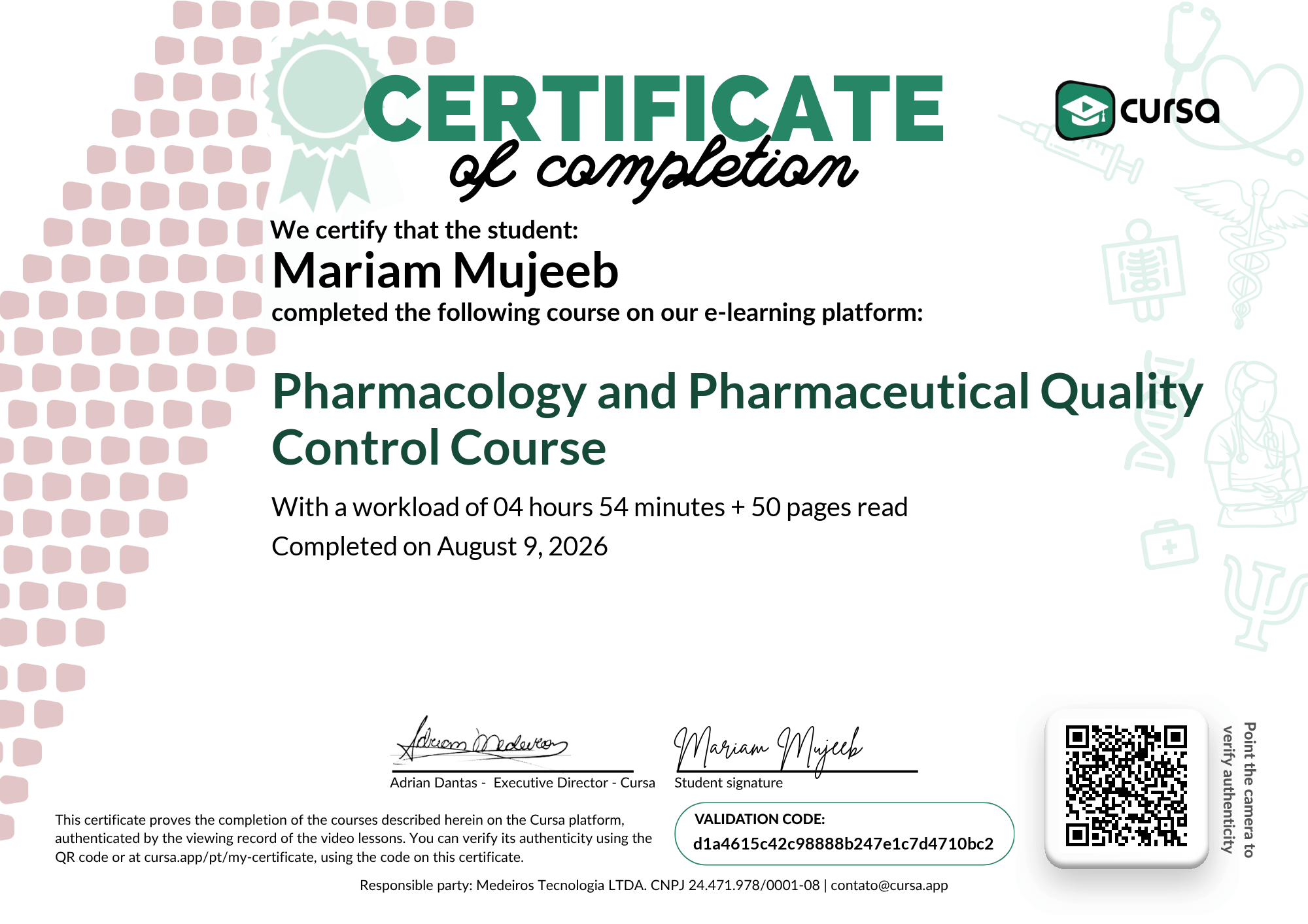 Image of my free Course Completion Certificate.