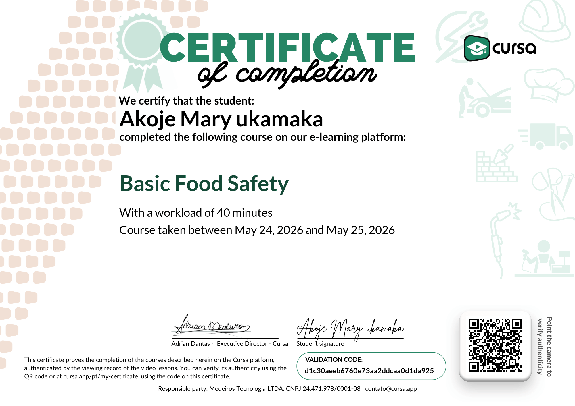 Image of my free Course Completion Certificate.