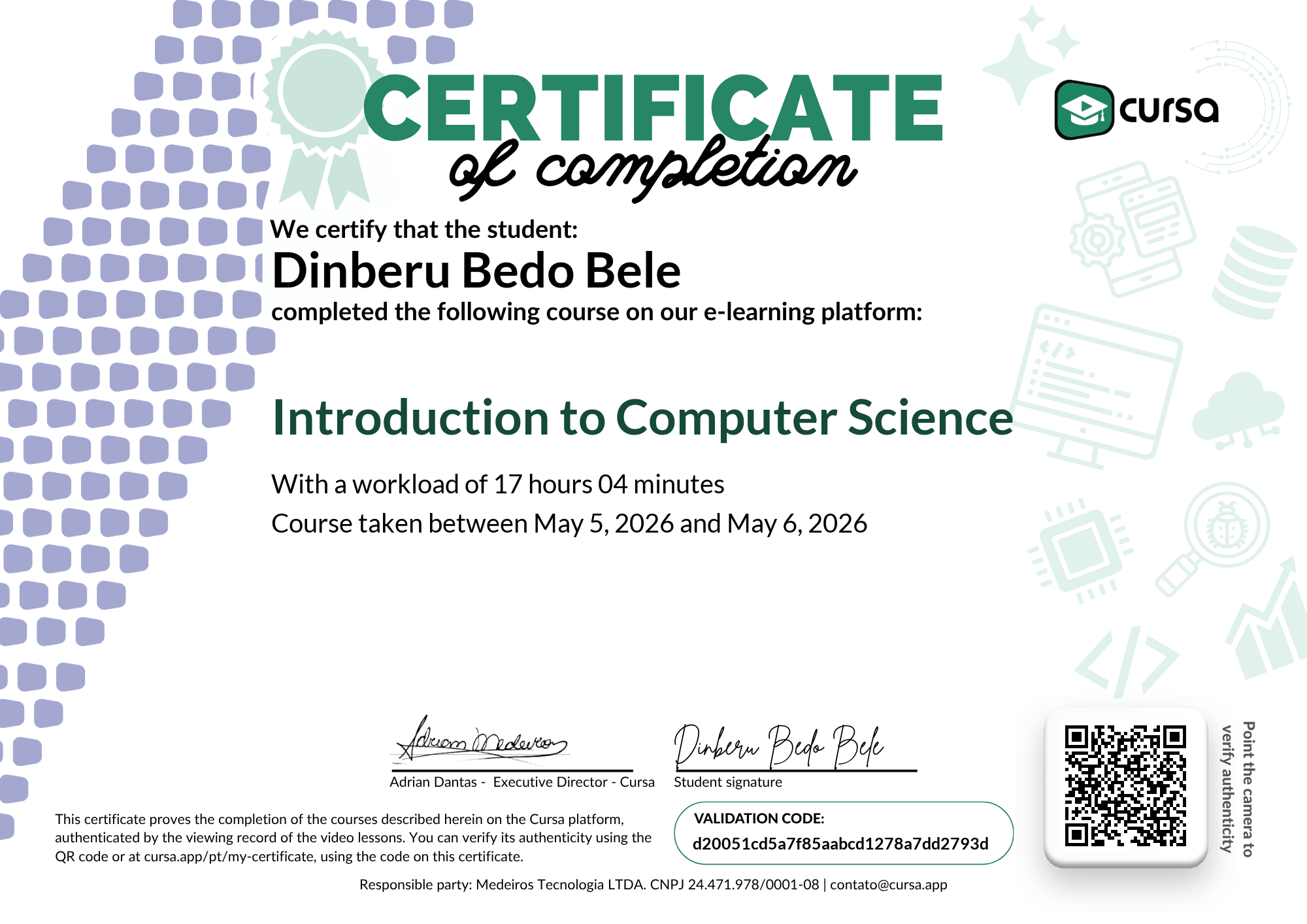Image of my free Course Completion Certificate.