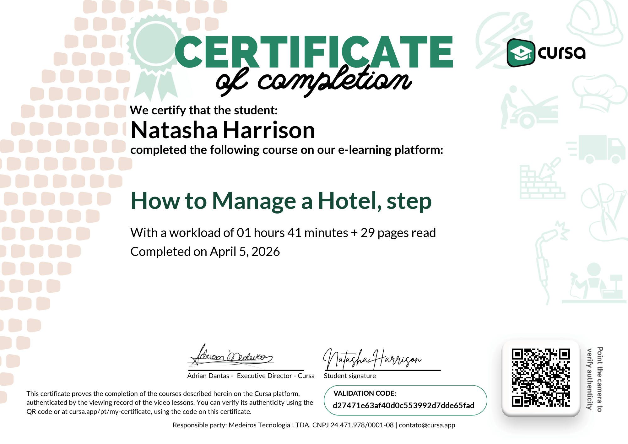 Image of my free Course Completion Certificate.