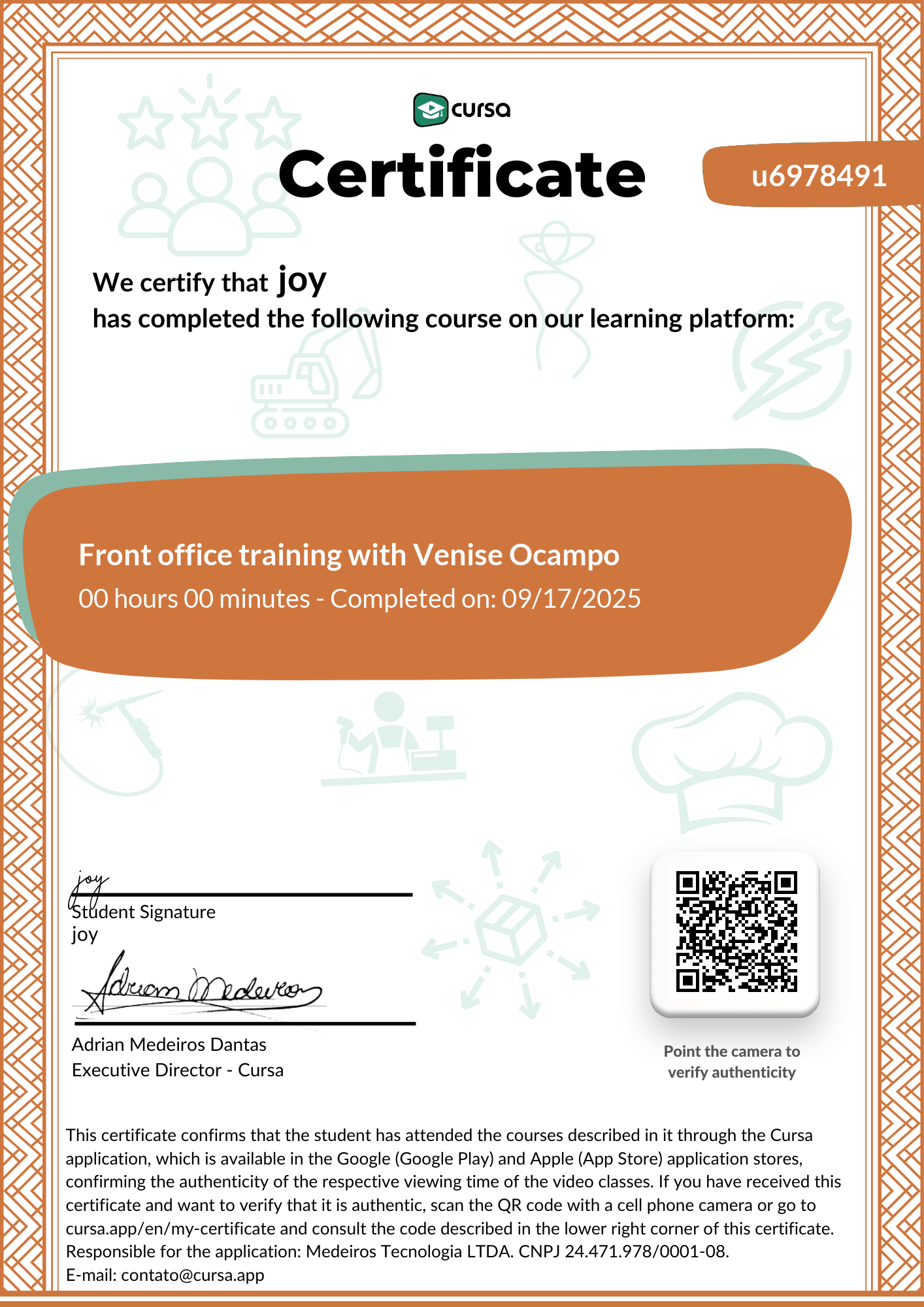 Image of my free Course Completion Certificate.