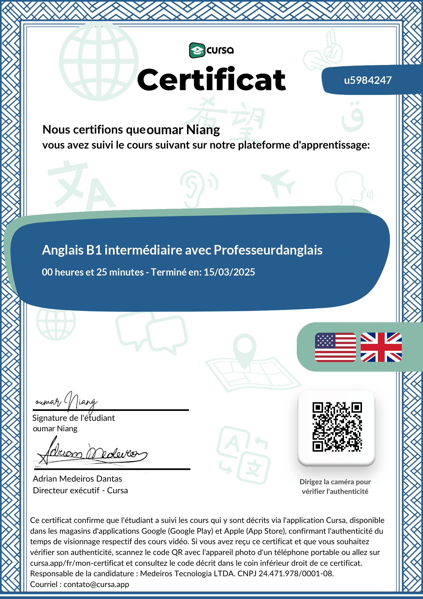 Image de mon certificat de fin de cours gratuit.