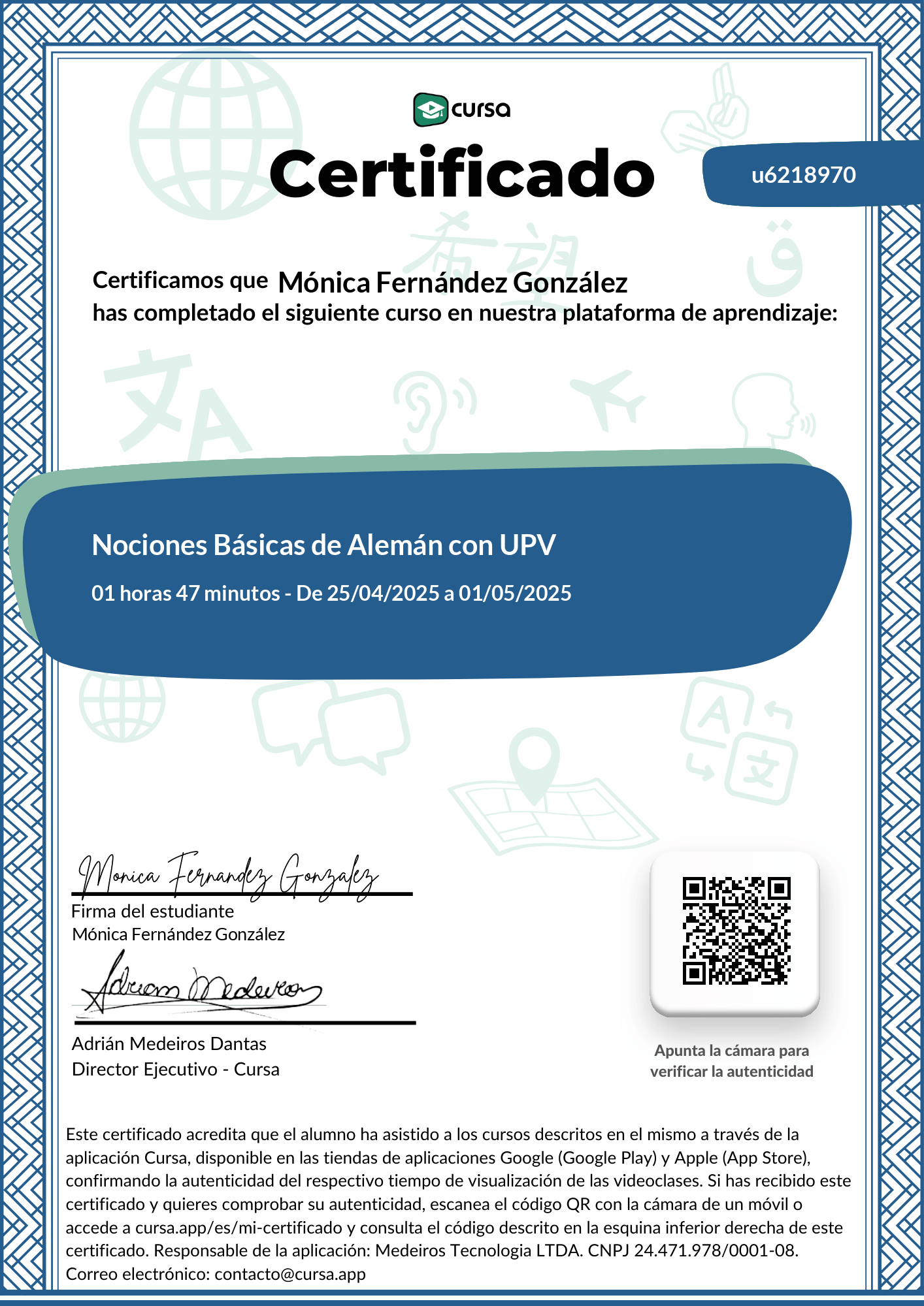 Imagen de mi Certificado de finalización del curso gratuito.