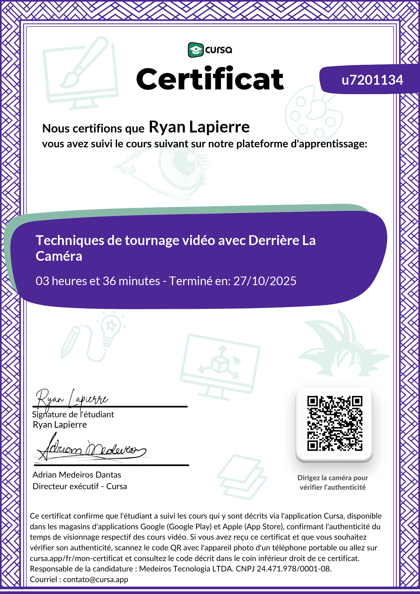 Image de mon certificat de fin de cours gratuit.