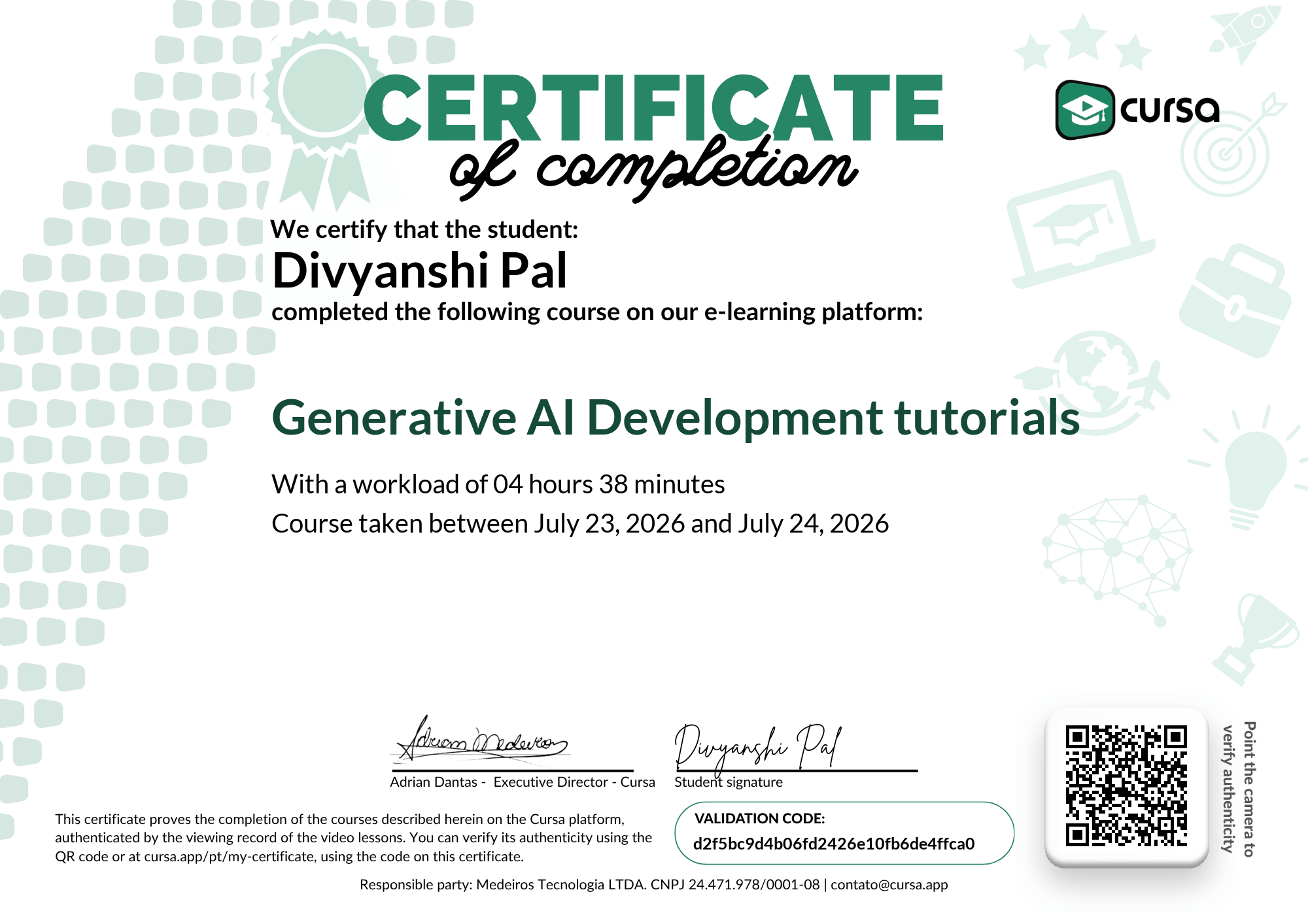 Image of my free Course Completion Certificate.