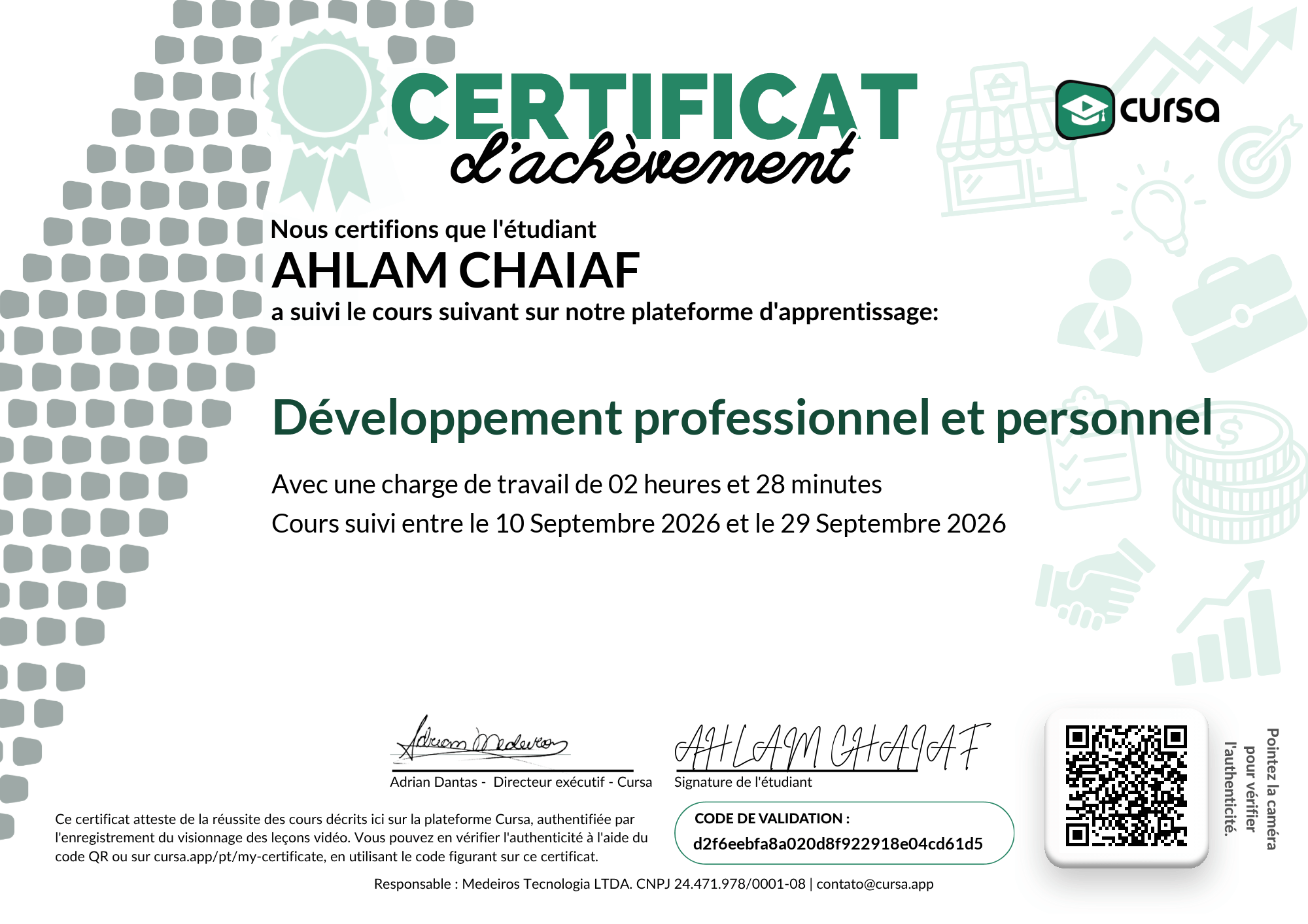 Image de mon certificat de fin de cours gratuit.
