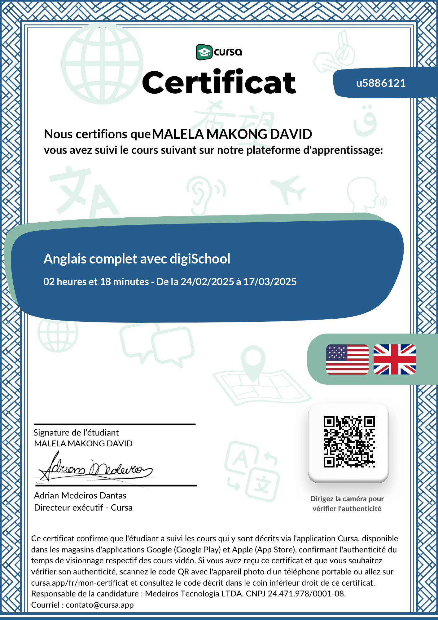 Image de mon certificat de fin de cours gratuit.