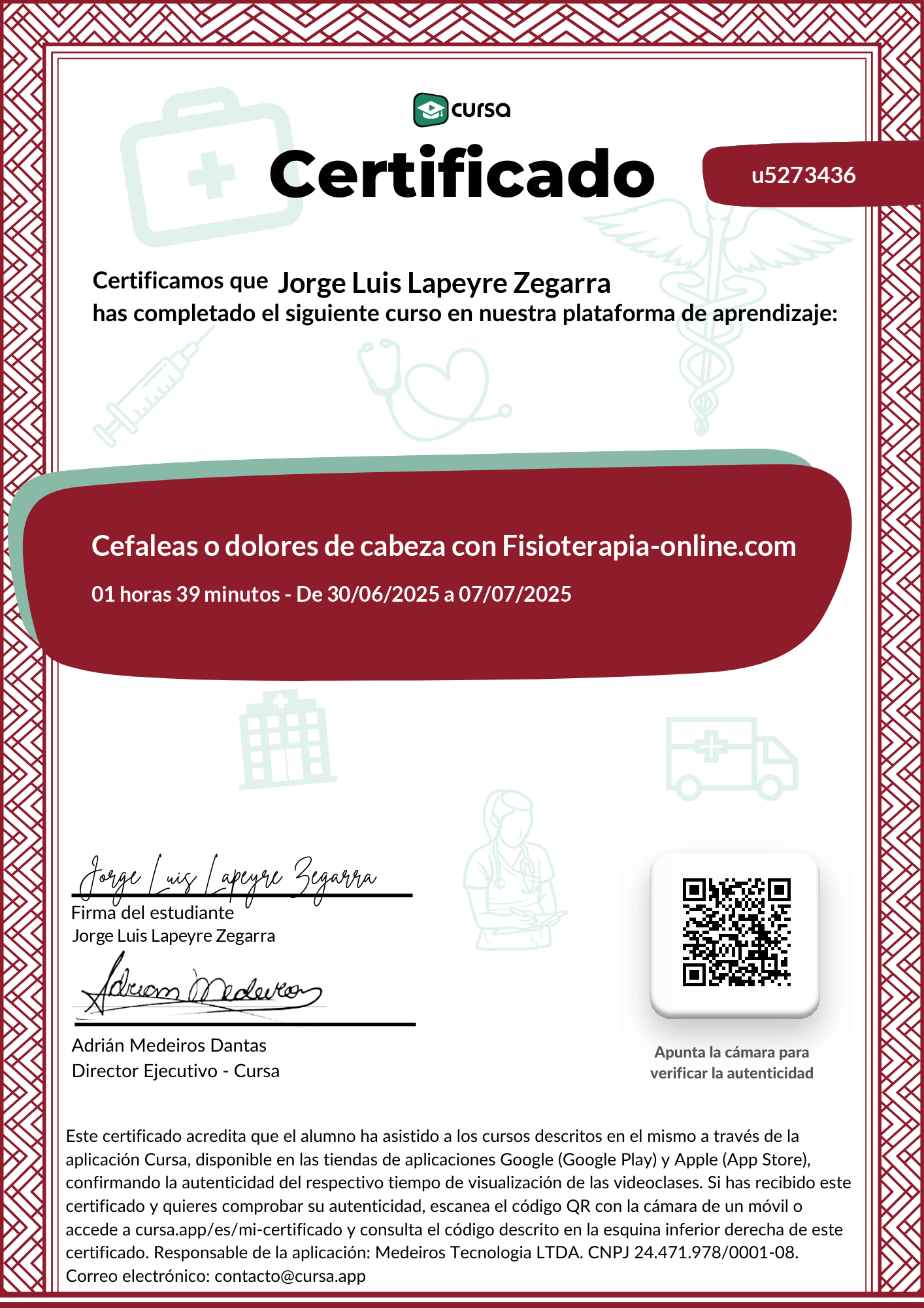 Imagen de mi Certificado de finalización del curso gratuito.