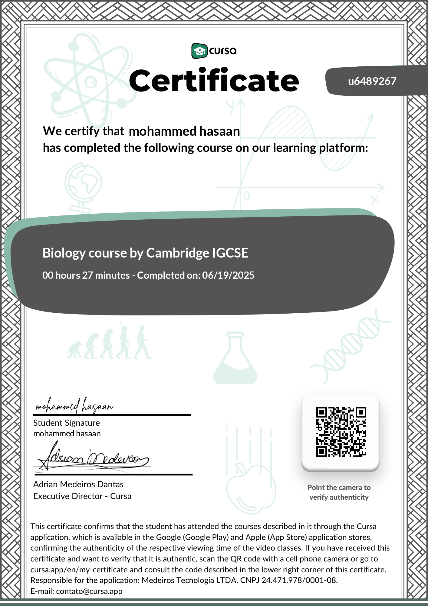 Image of my free Course Completion Certificate.