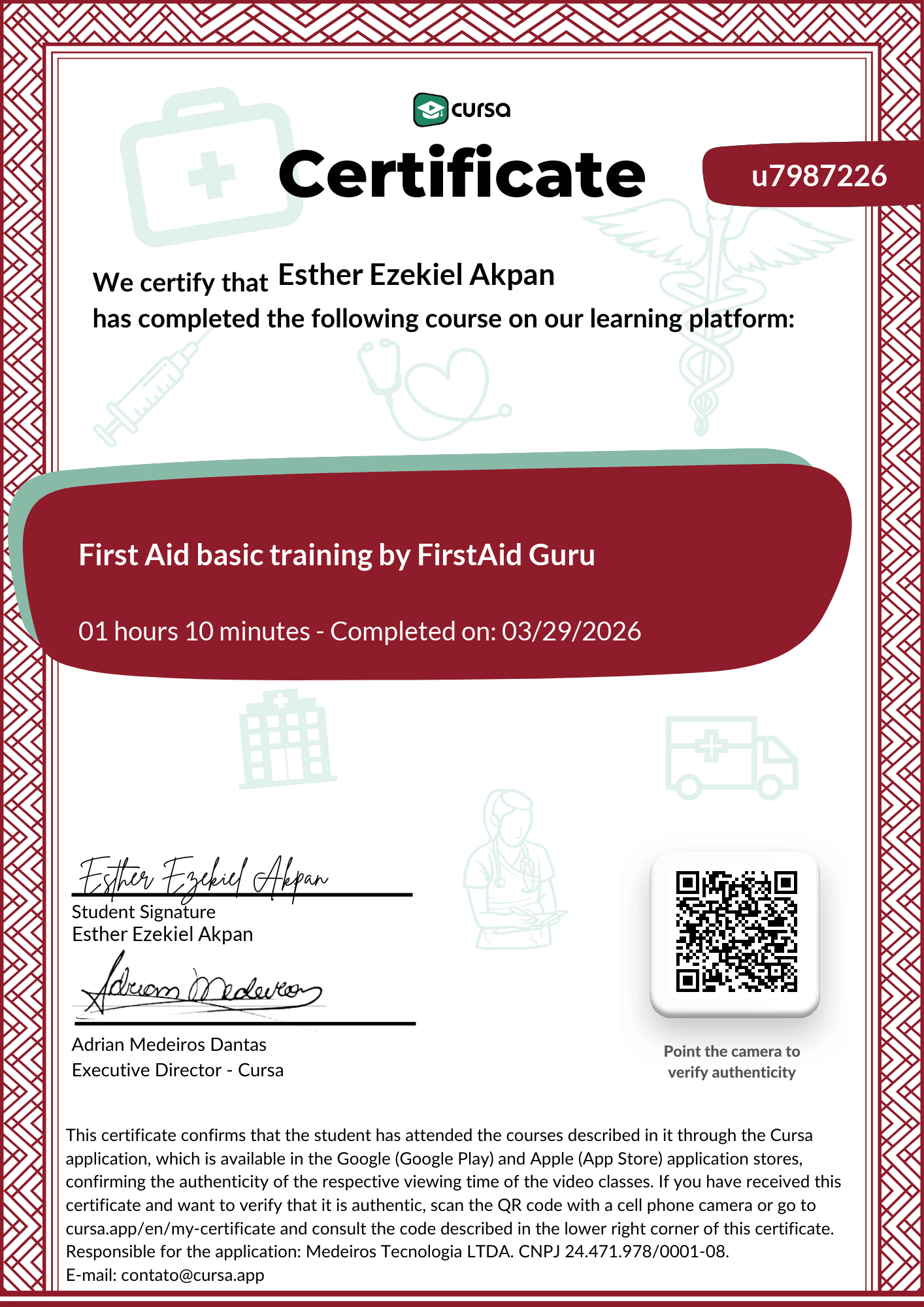 Image of my free Course Completion Certificate.