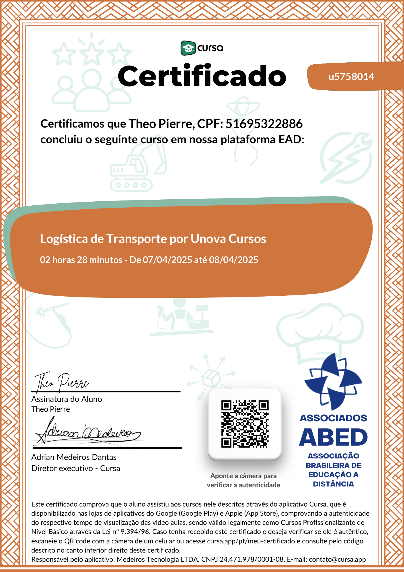 Imagem do meu Certificado gratuito de conclusão de curso.