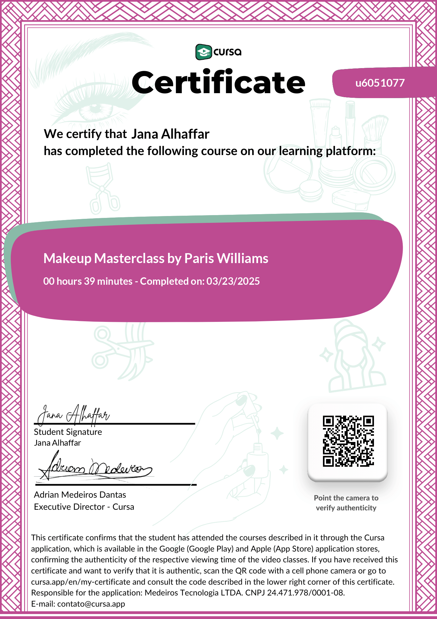 Image of my free Course Completion Certificate.