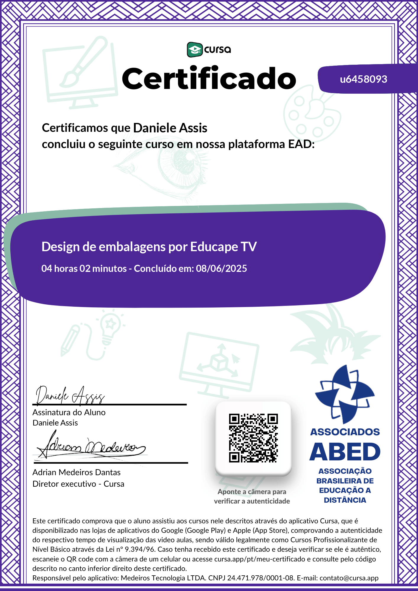Imagem do meu Certificado gratuito de conclusão de curso.