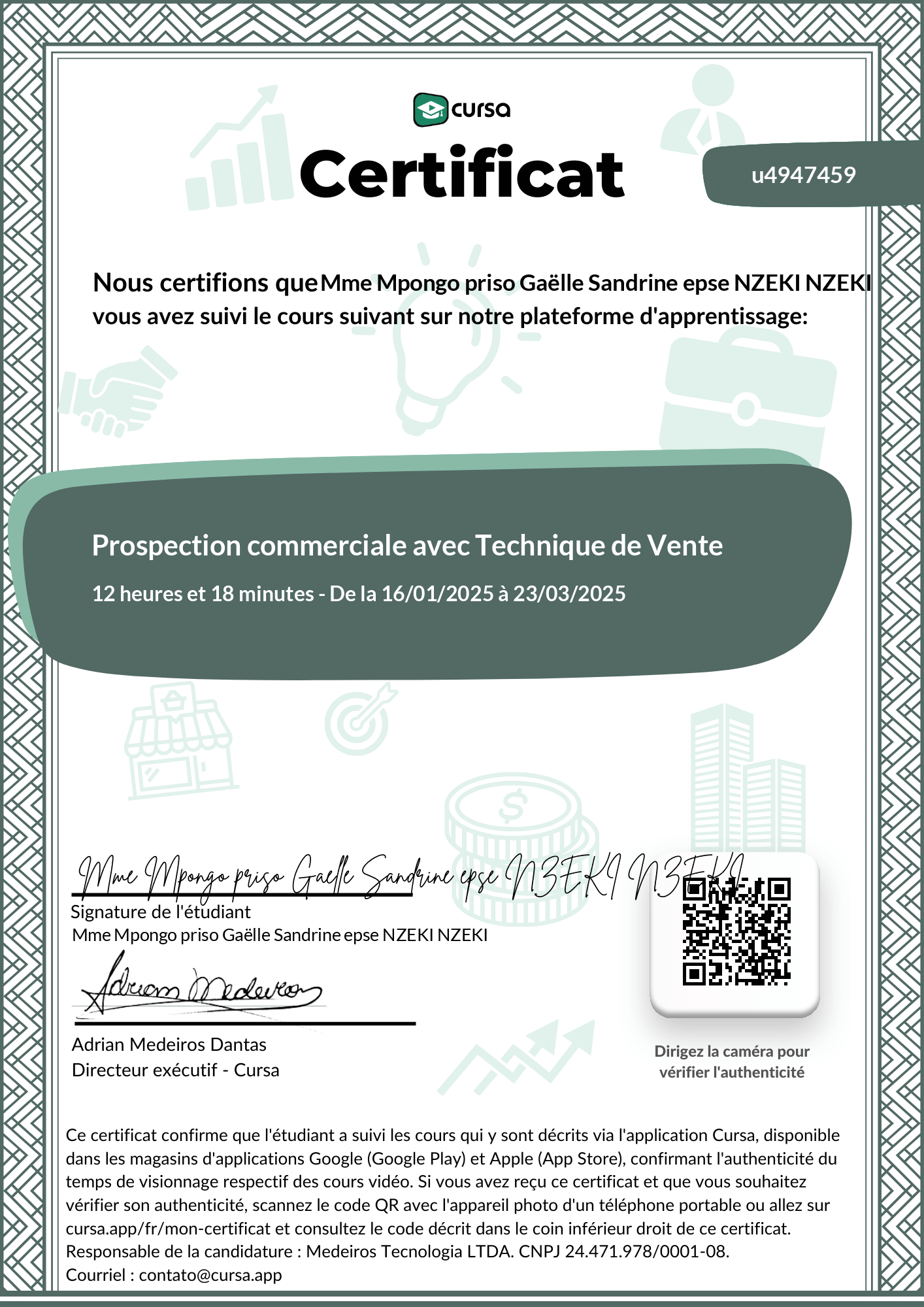 Image de mon certificat de fin de cours gratuit.
