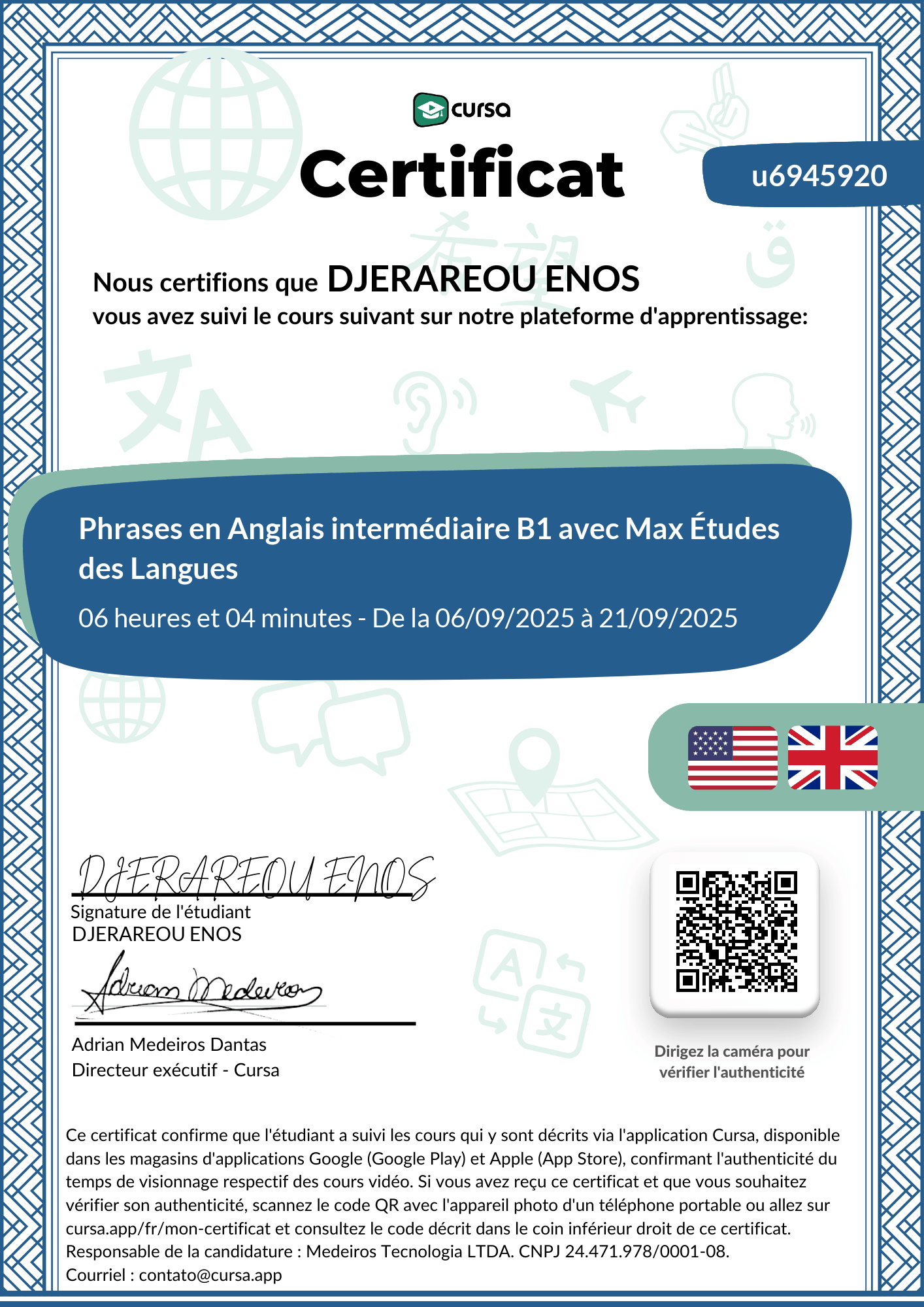 Image de mon certificat de fin de cours gratuit.