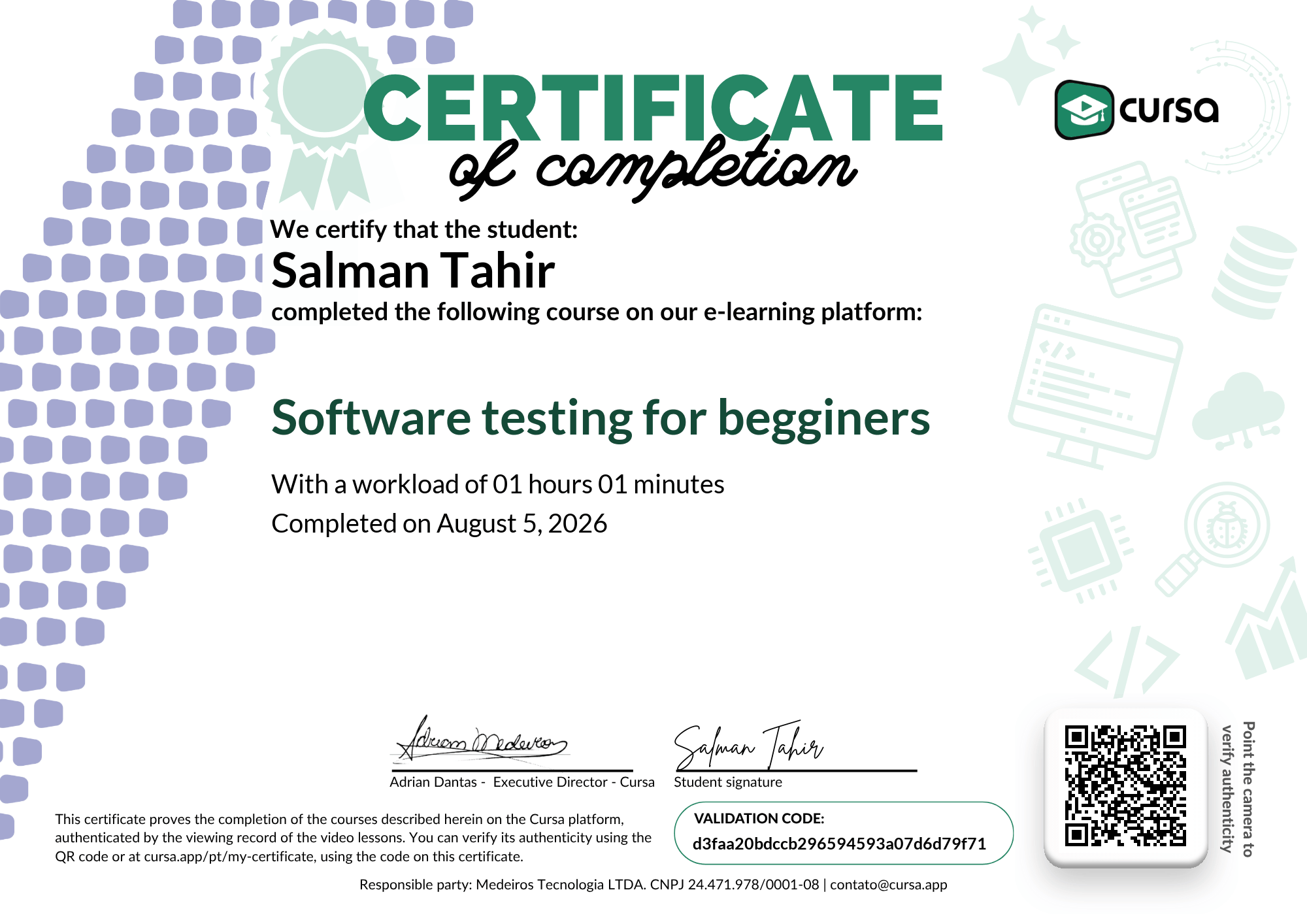 Image of my free Course Completion Certificate.