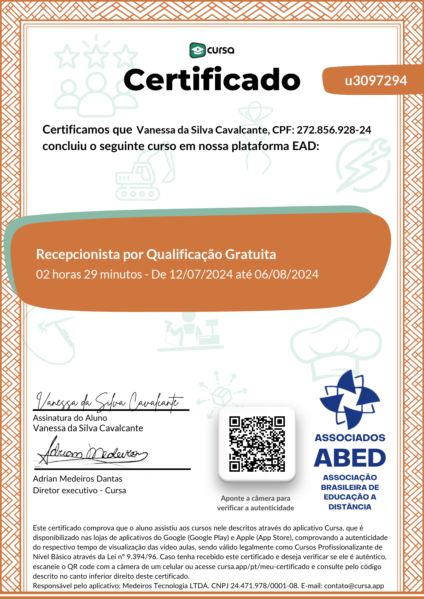Imagem do meu Certificado gratuito de conclusão de curso.
