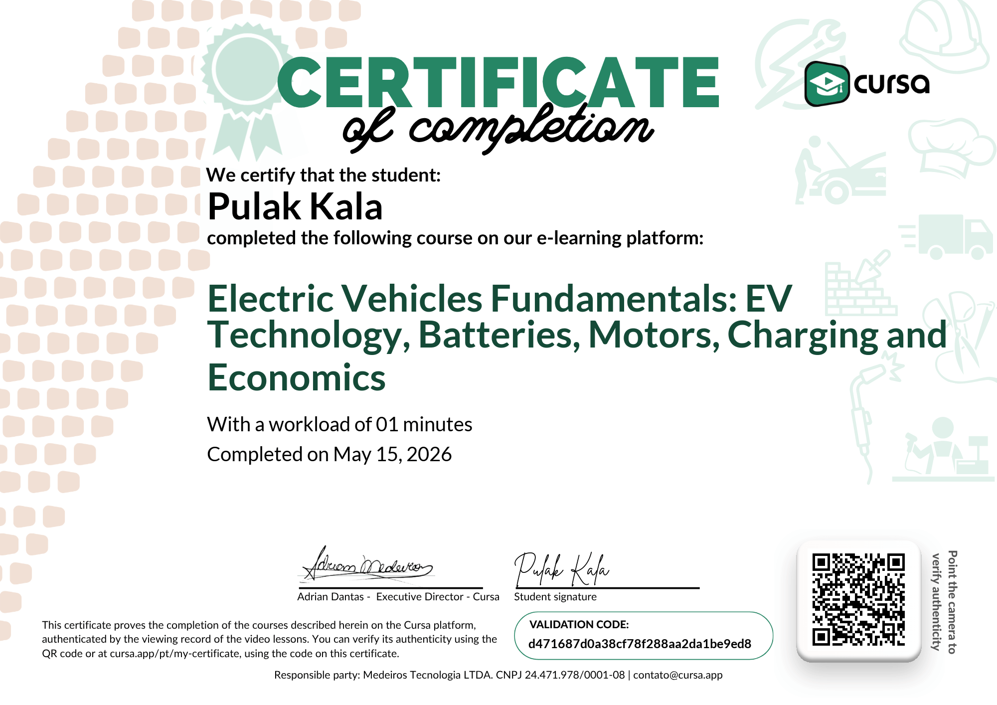 Image of my free Course Completion Certificate.