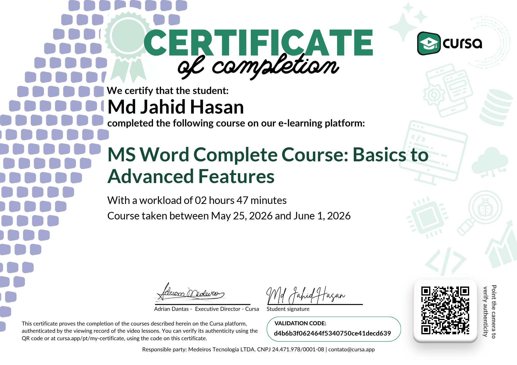Image of my free Course Completion Certificate.