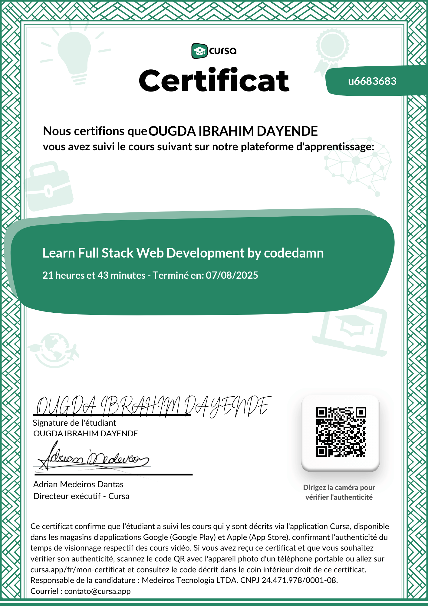 Image de mon certificat de fin de cours gratuit.