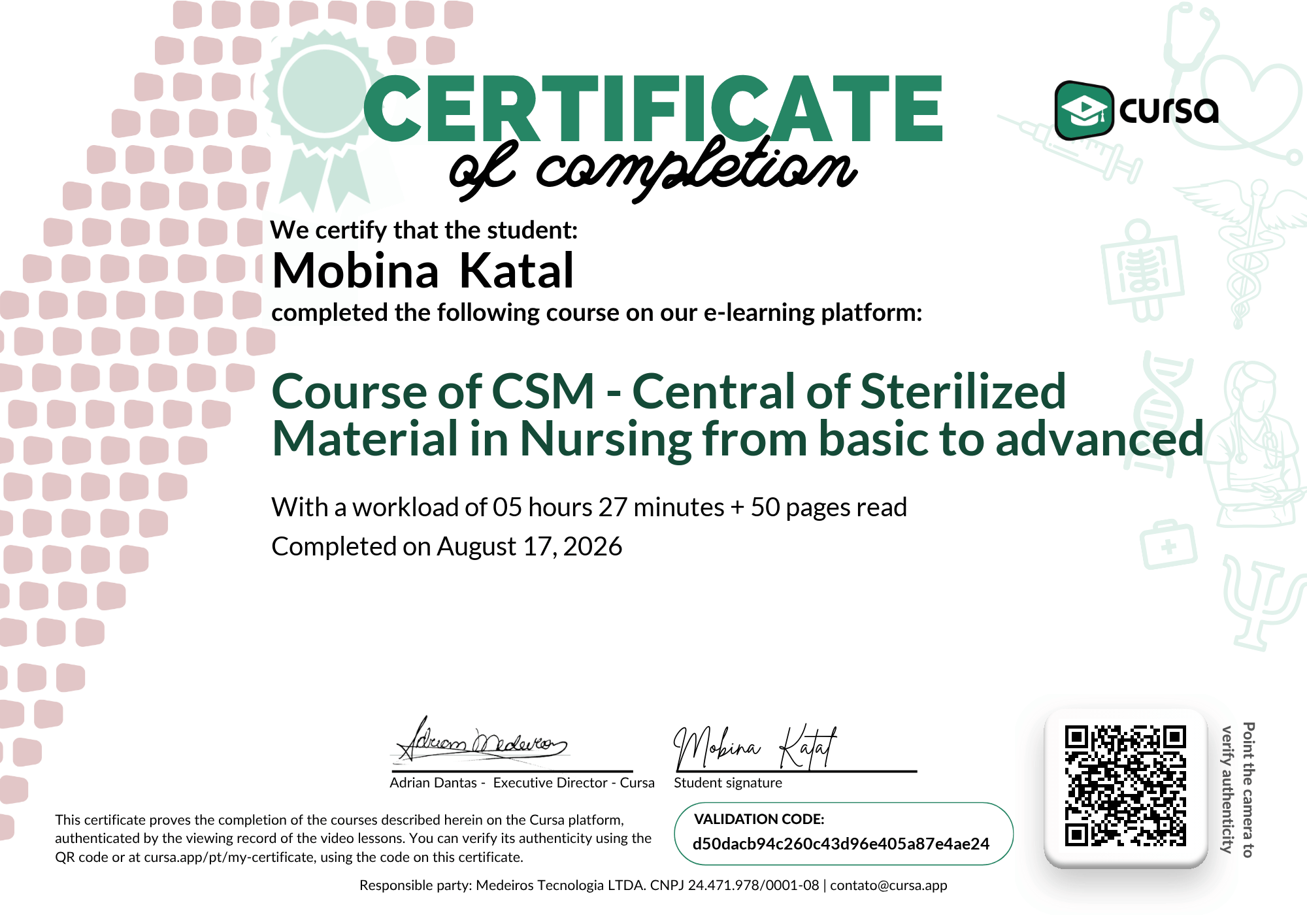 Image of my free Course Completion Certificate.