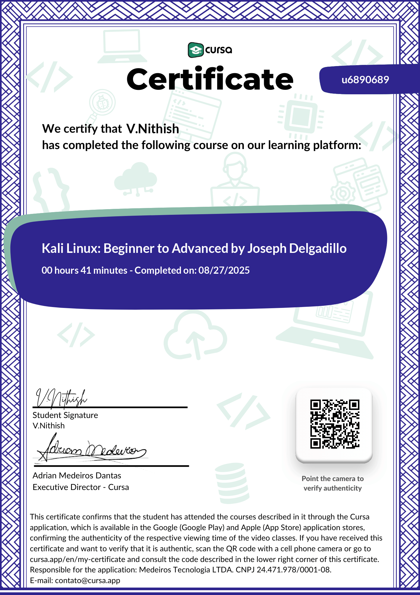 Image of my free Course Completion Certificate.