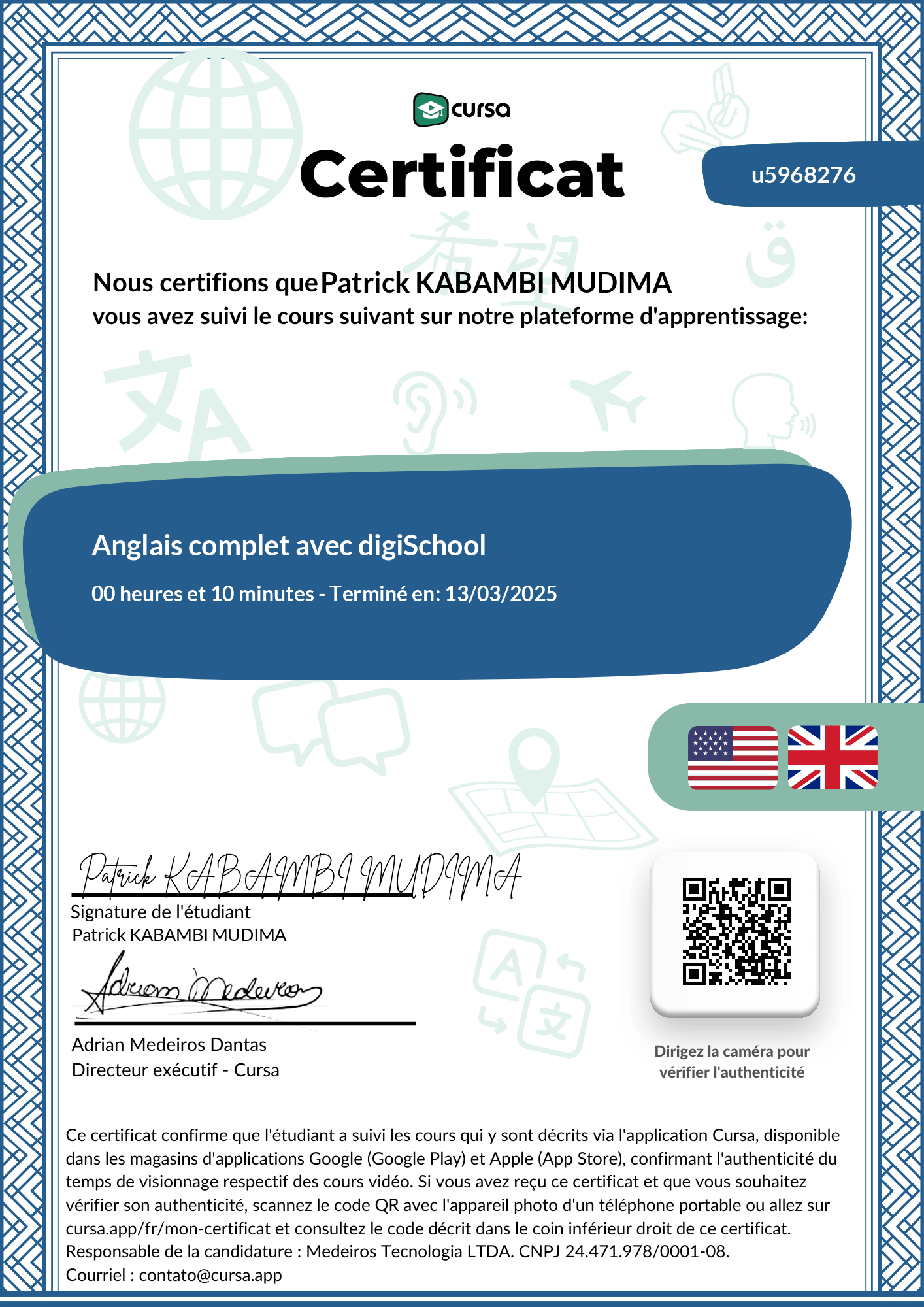 Image de mon certificat de fin de cours gratuit.
