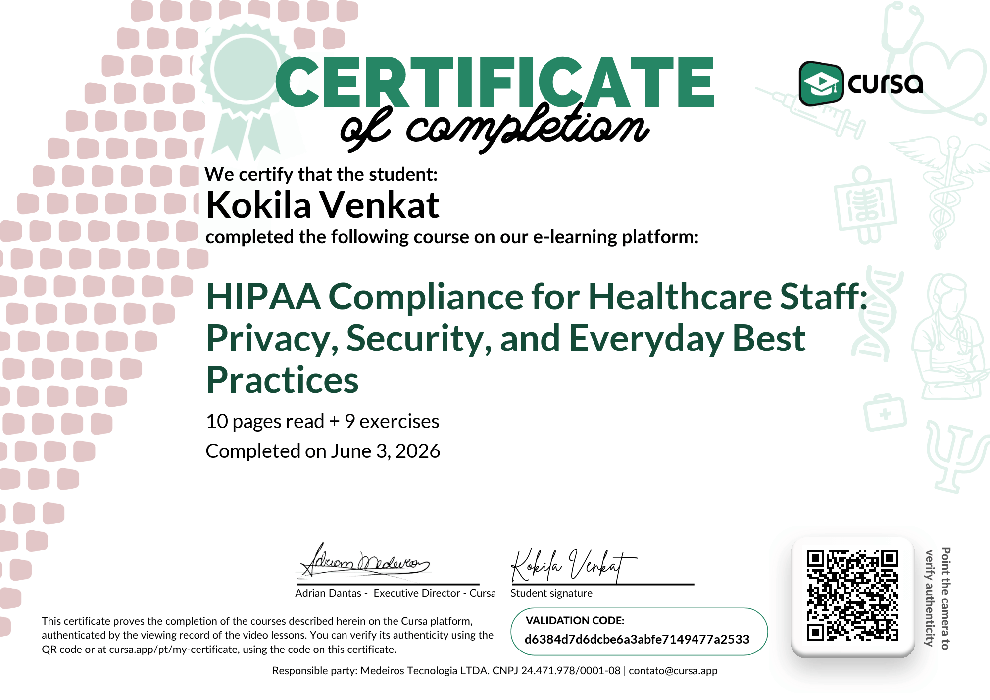 Image of my free Course Completion Certificate.