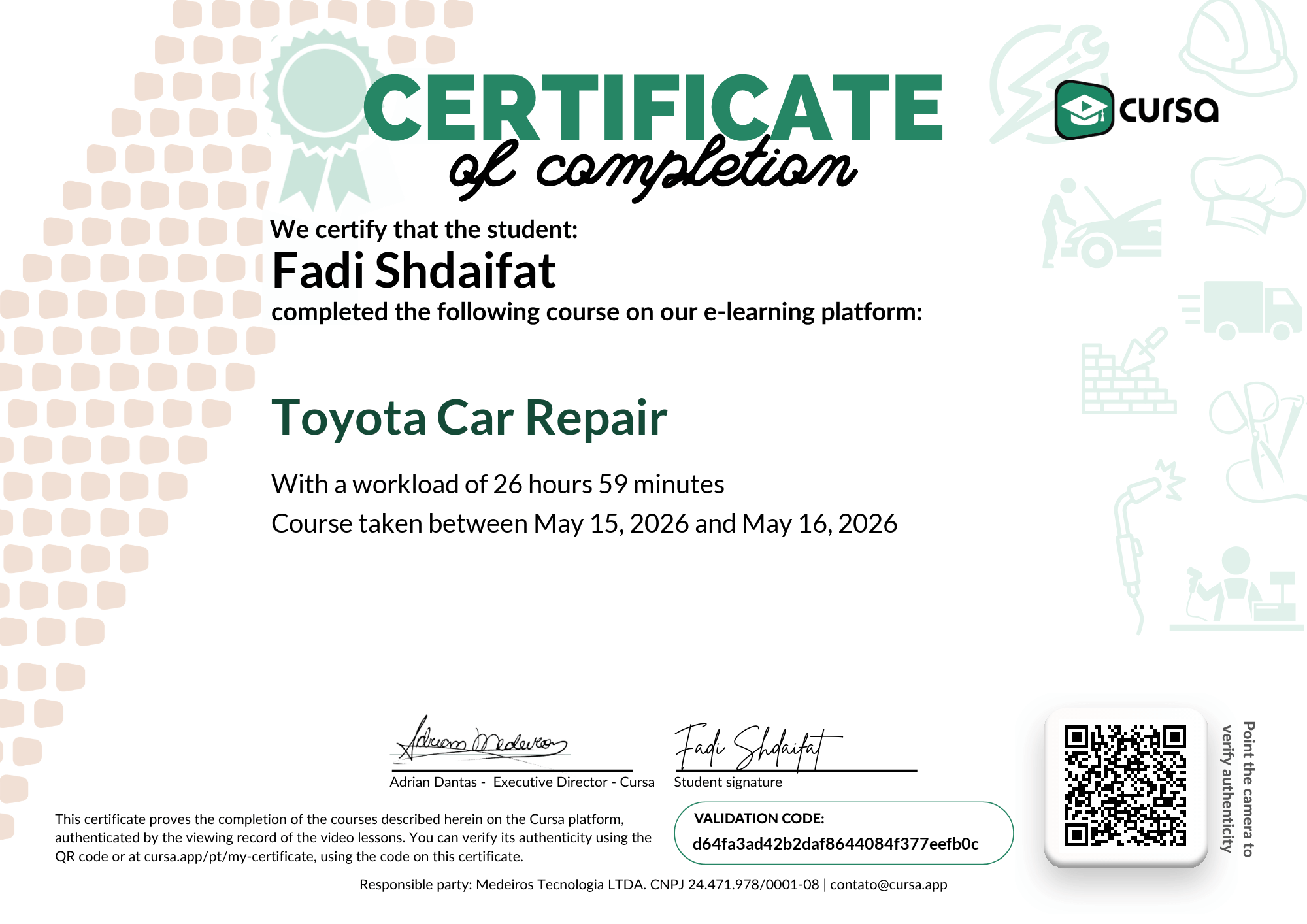 Image of my free Course Completion Certificate.