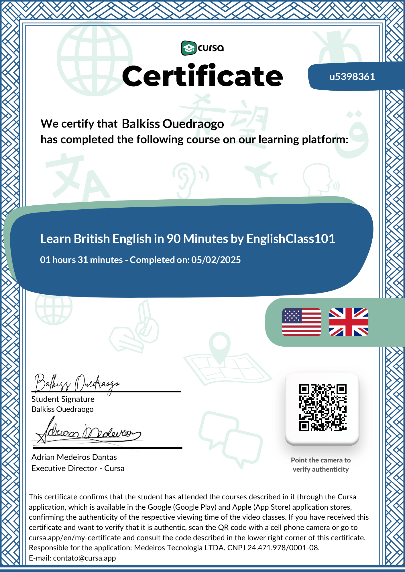 Image of my free Course Completion Certificate.