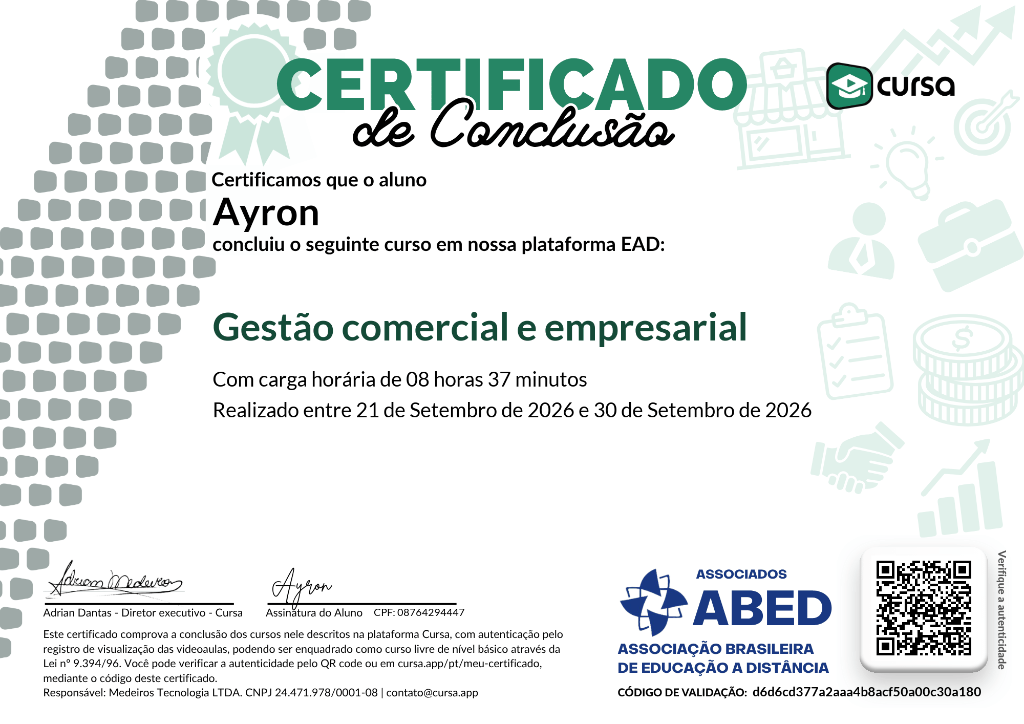 Imagem do meu Certificado gratuito de conclusão de curso.