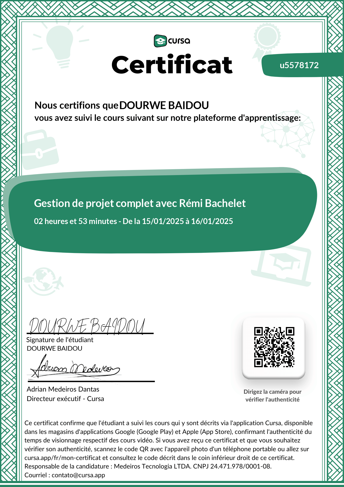 Image de mon certificat de fin de cours gratuit.