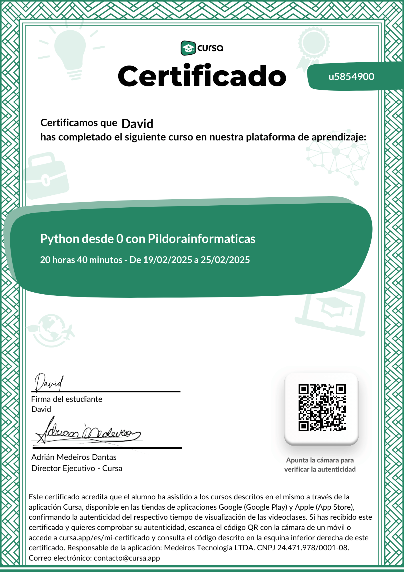 Imagen de mi Certificado de finalización del curso gratuito.