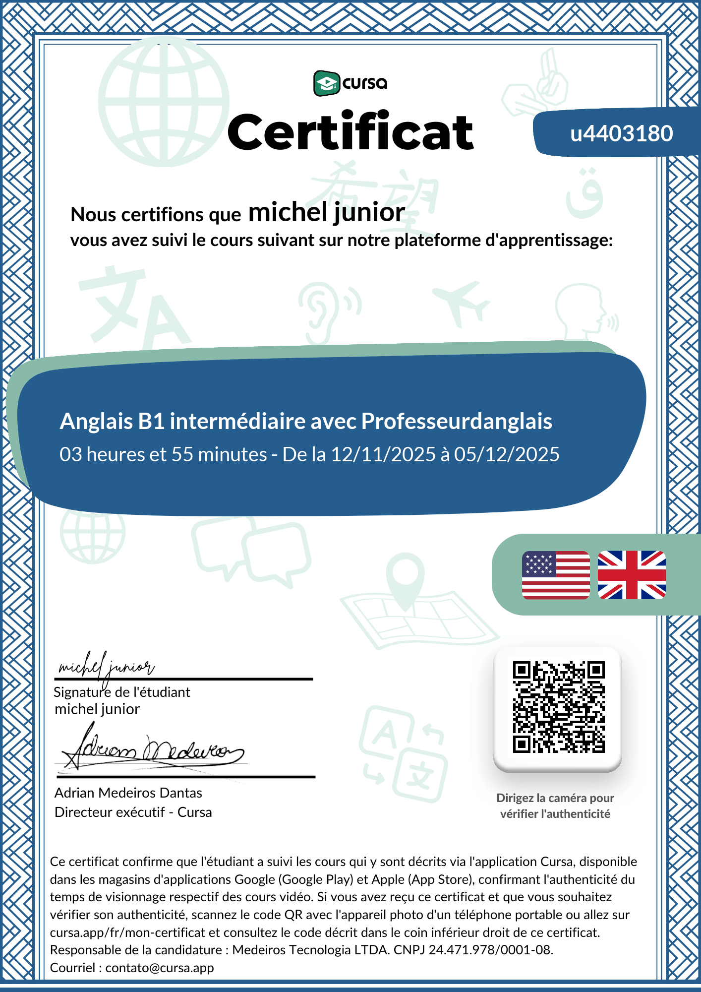 Image de mon certificat de fin de cours gratuit.