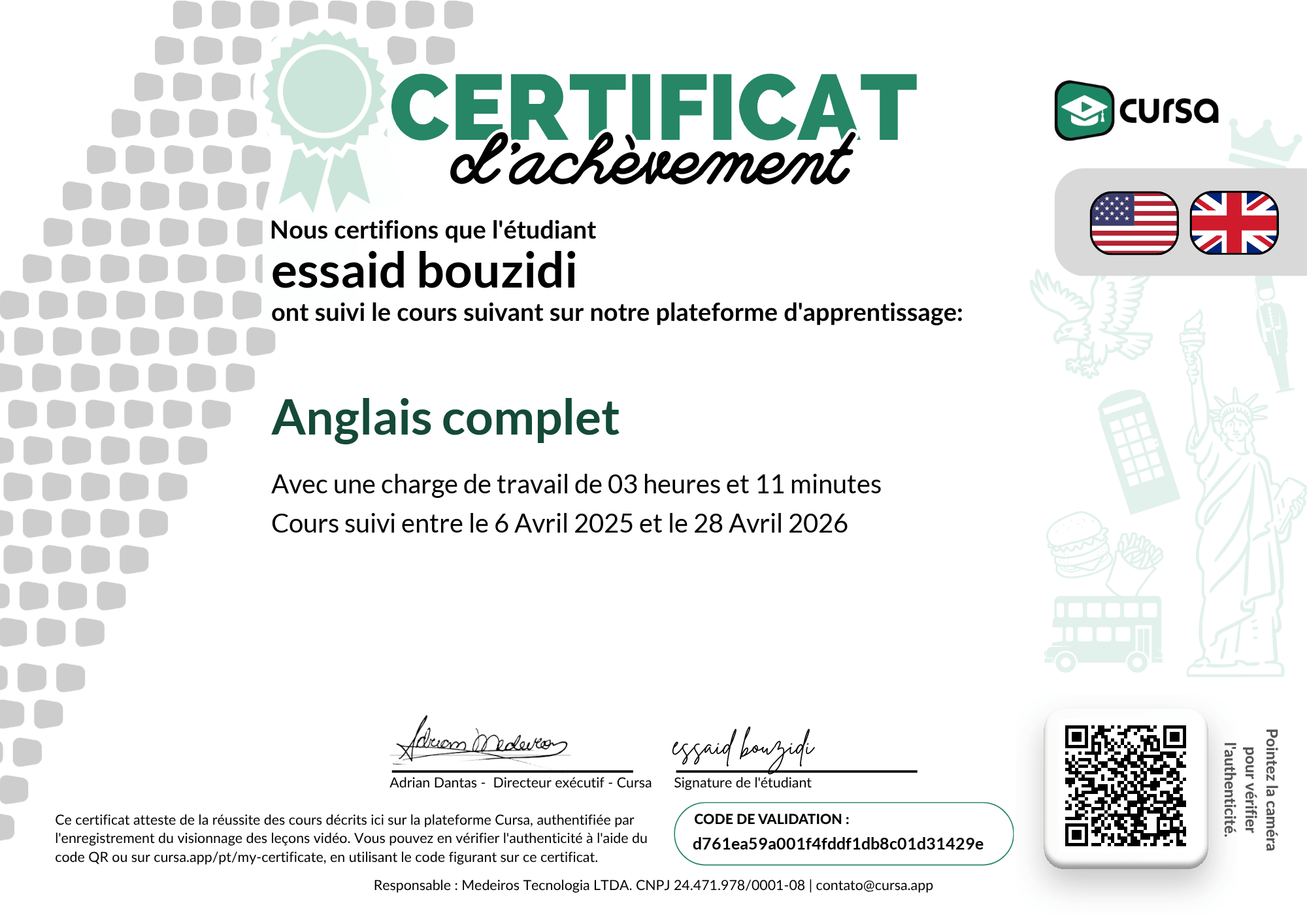 Image de mon certificat de fin de cours gratuit.