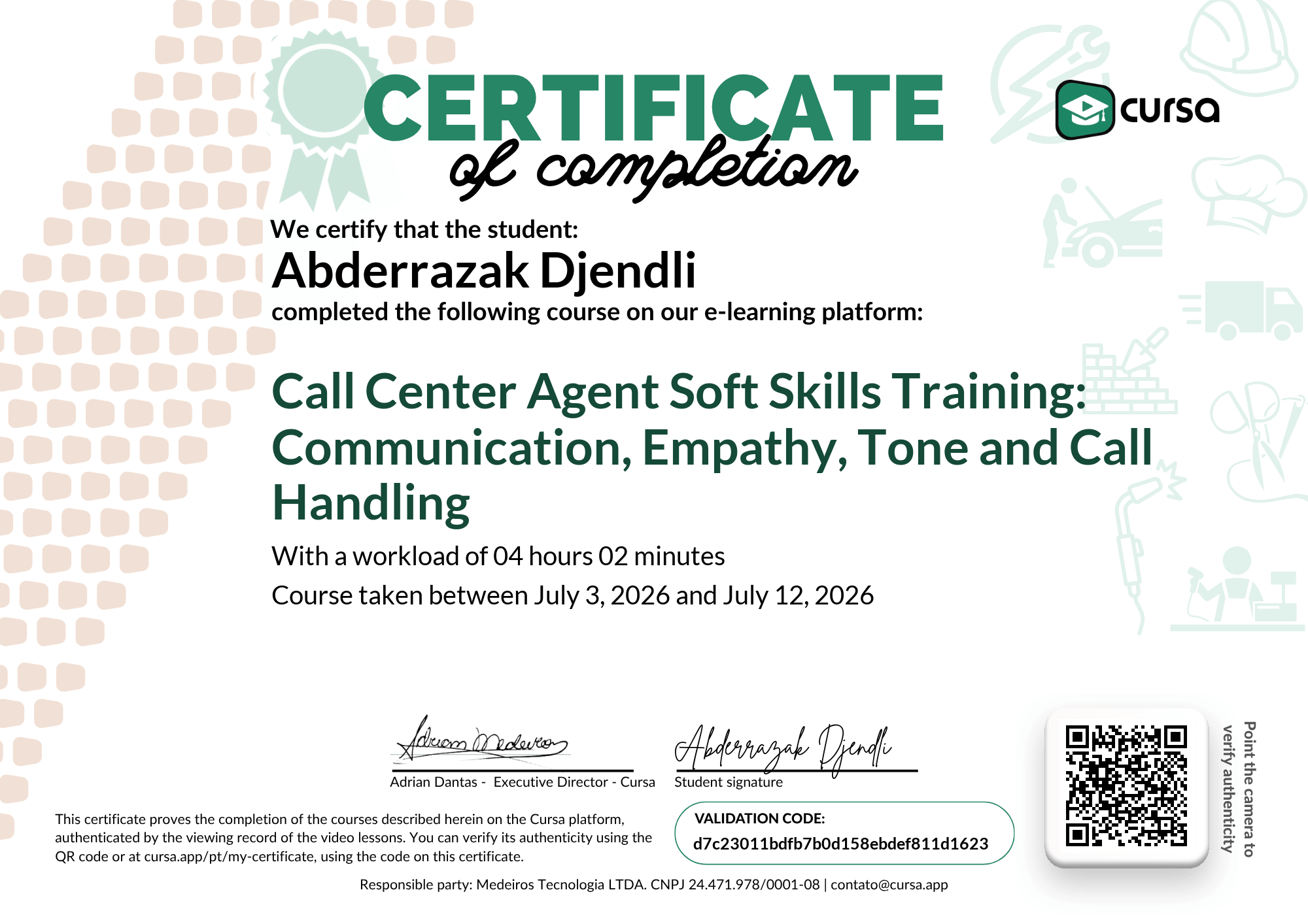 Image of my free Course Completion Certificate.