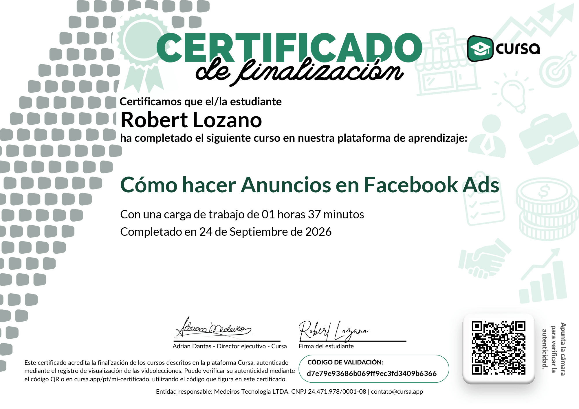 Imagen de mi Certificado de finalización del curso gratuito.