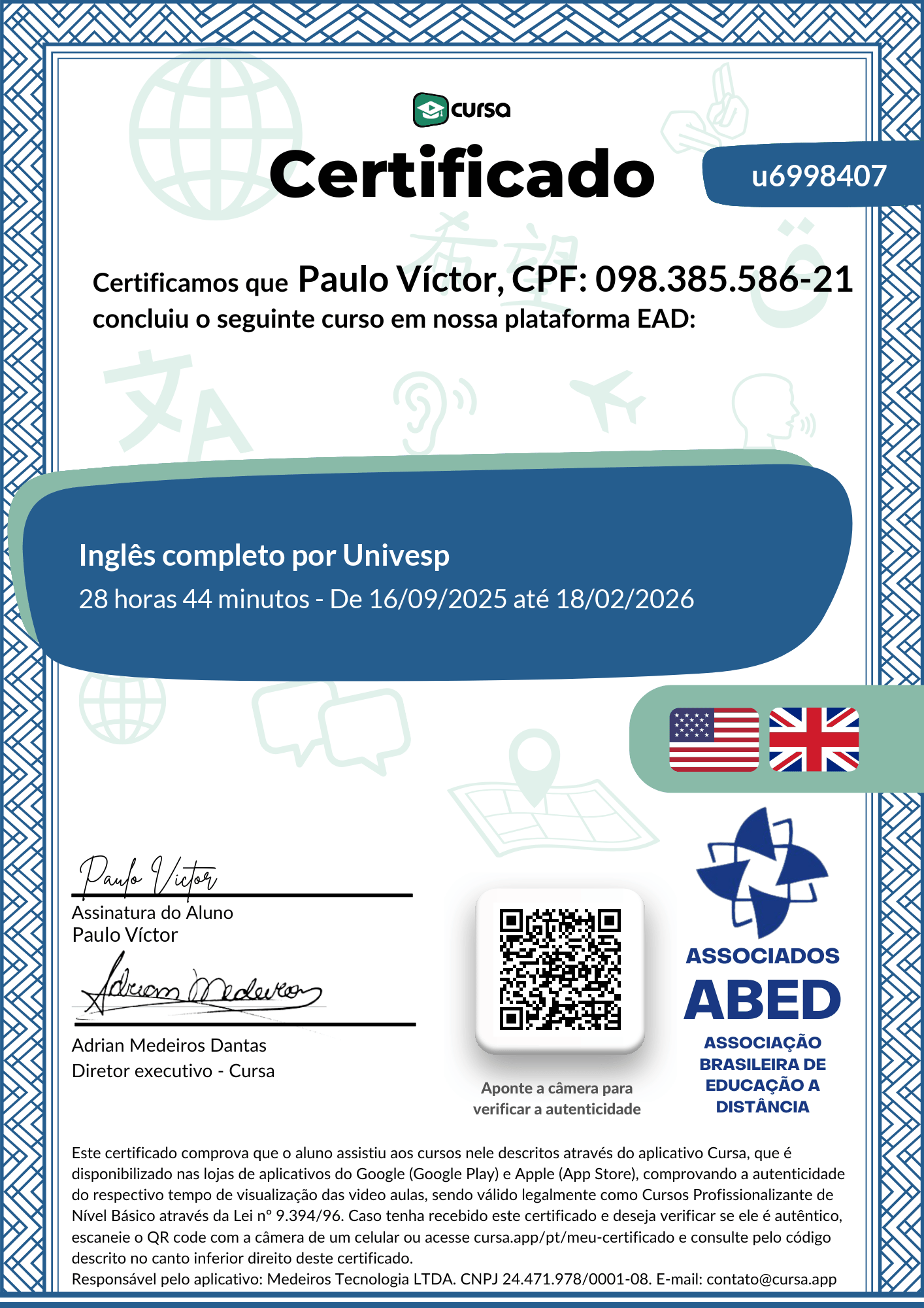 Imagem do meu Certificado gratuito de conclusão de curso.