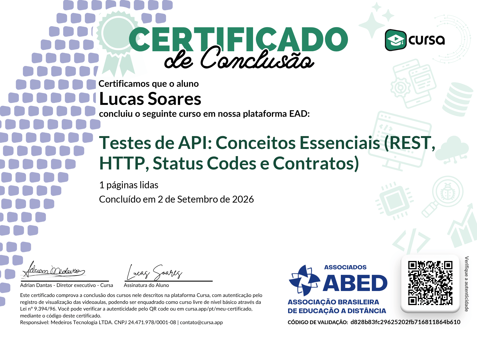 Imagem do meu Certificado gratuito de conclusão de curso.