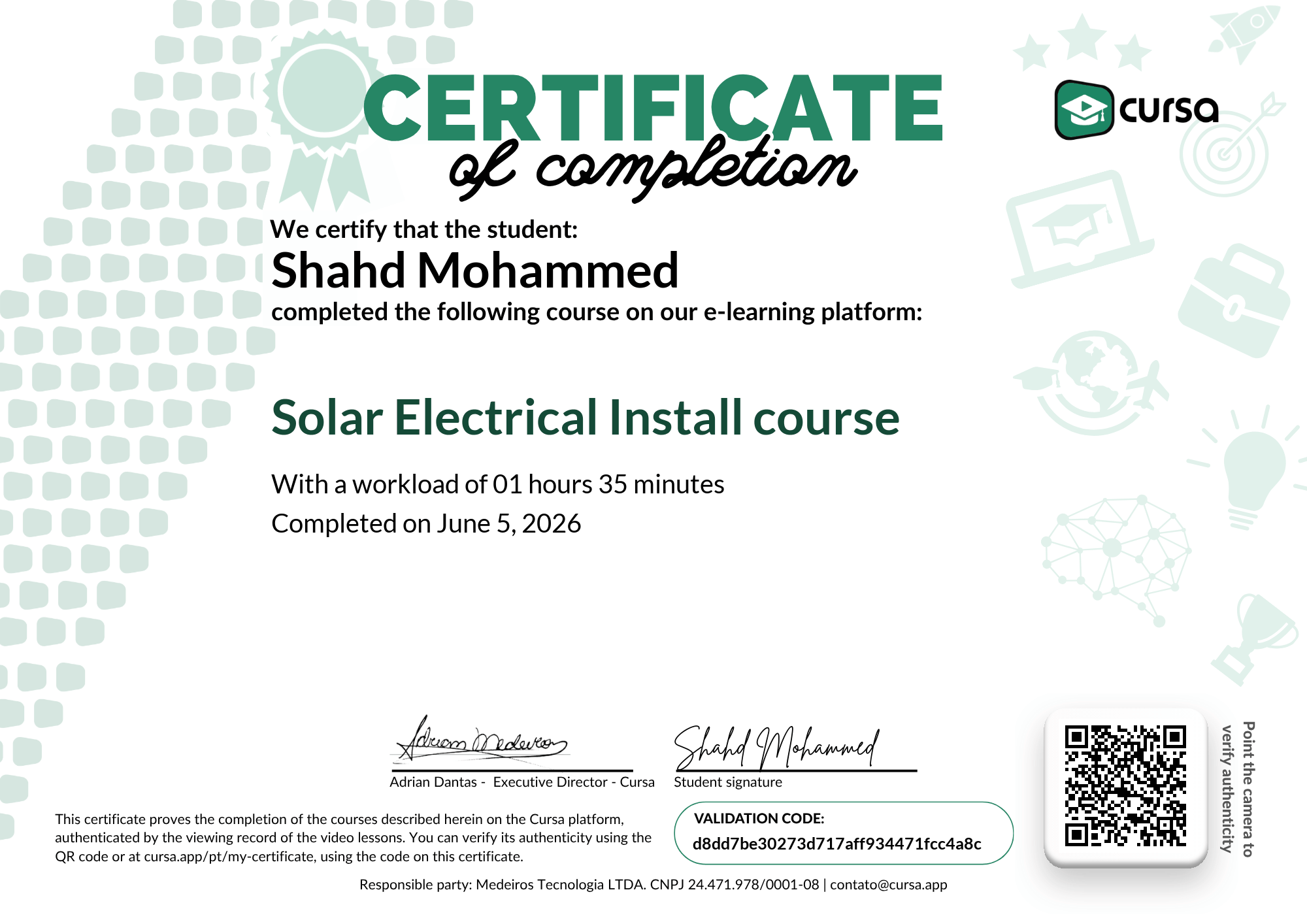 Image of my free Course Completion Certificate.