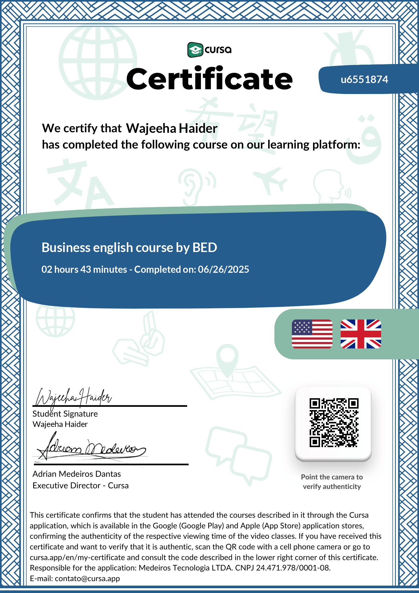 Image of my free Course Completion Certificate.