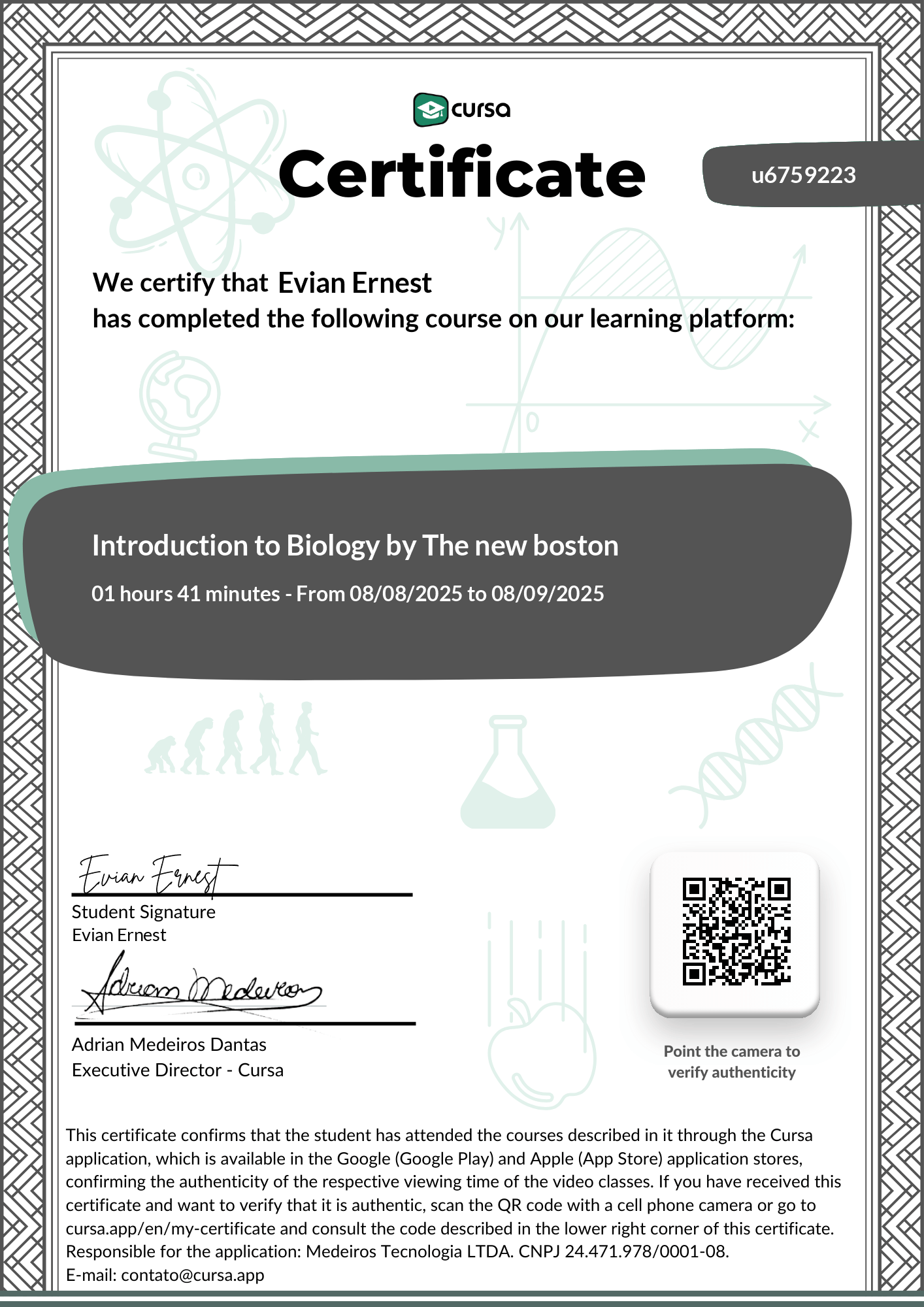 Image of my free Course Completion Certificate.