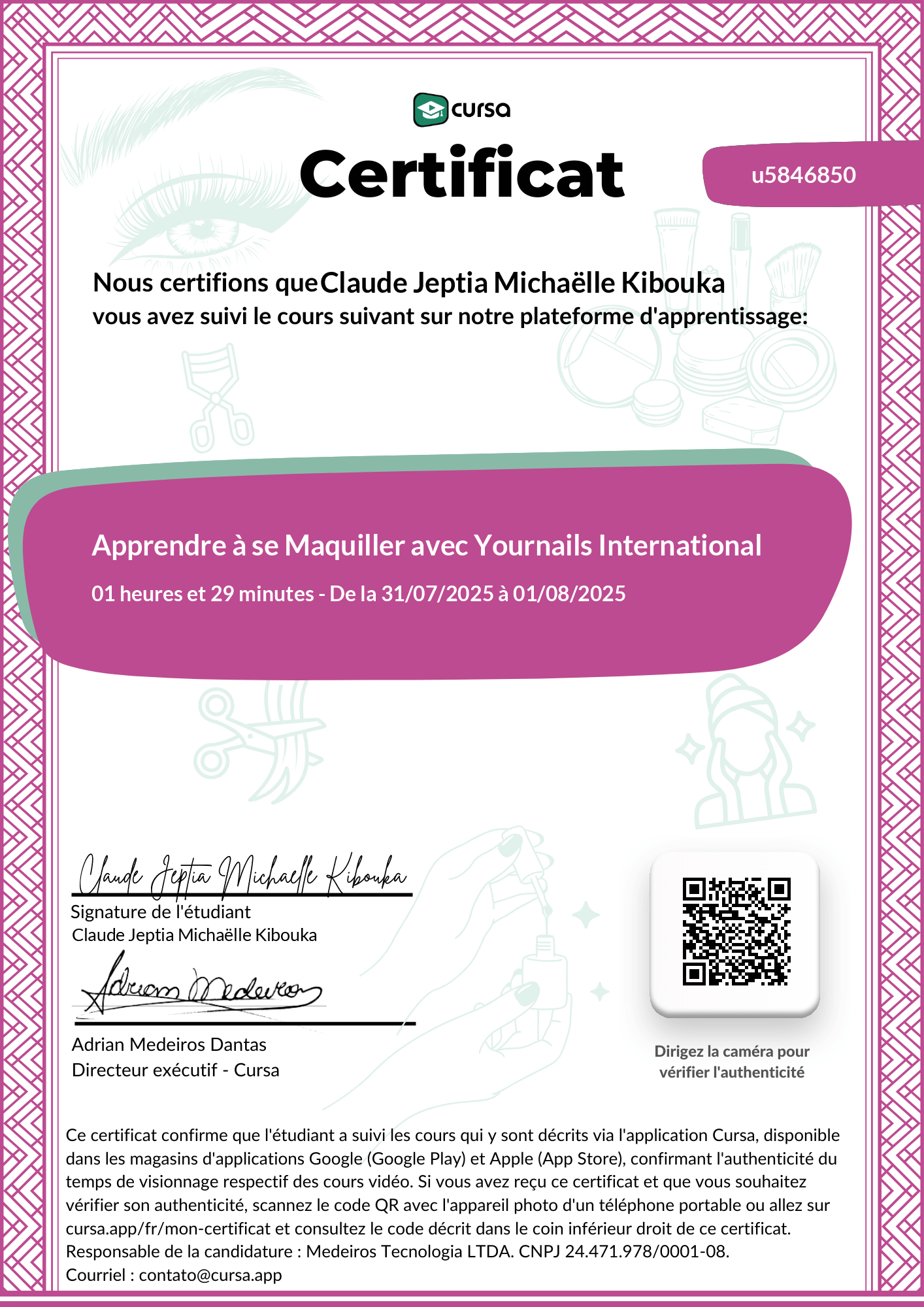 Image de mon certificat de fin de cours gratuit.