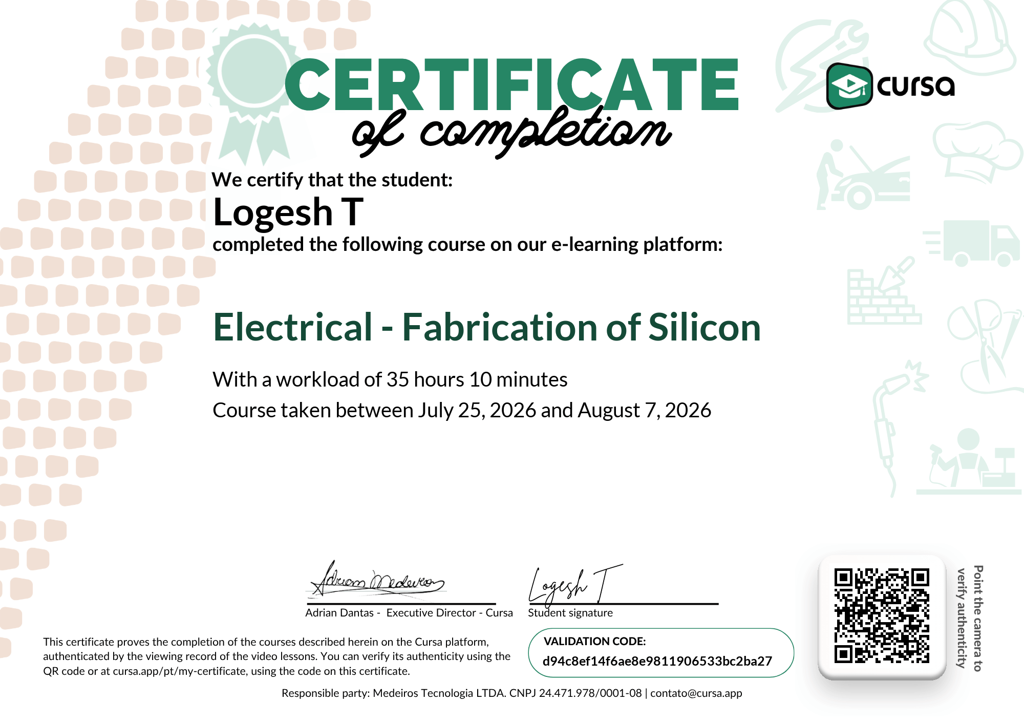 Image of my free Course Completion Certificate.
